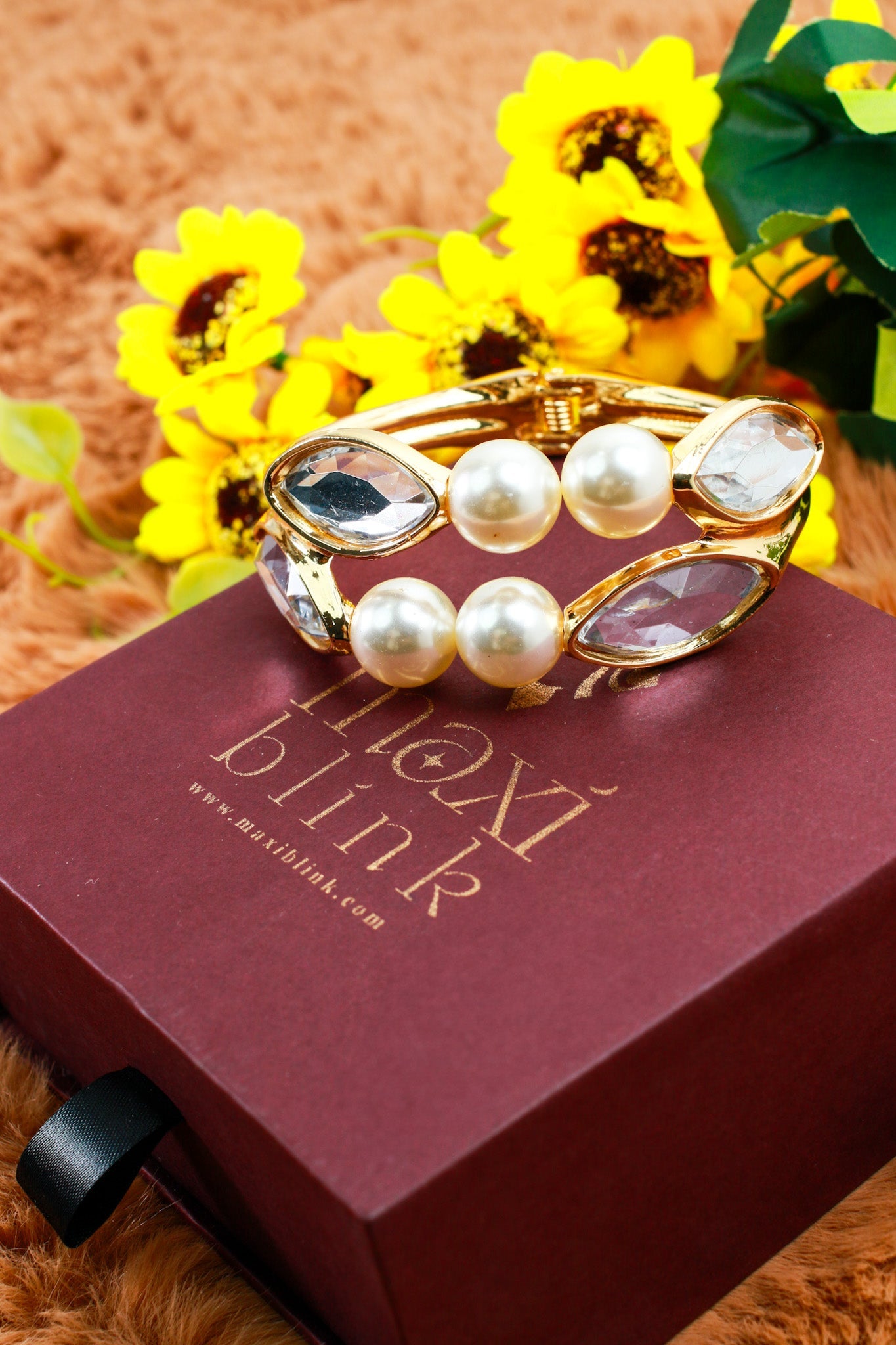 Anti - Tarnish Stainless Steel Bracelet — Gold Pearls & Marquise Crystal Cuff - Maxiblink