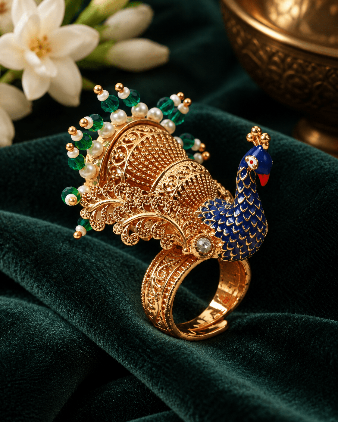 Antique Gold Peacock Pearl Tassel Statement Ring - Maxiblink