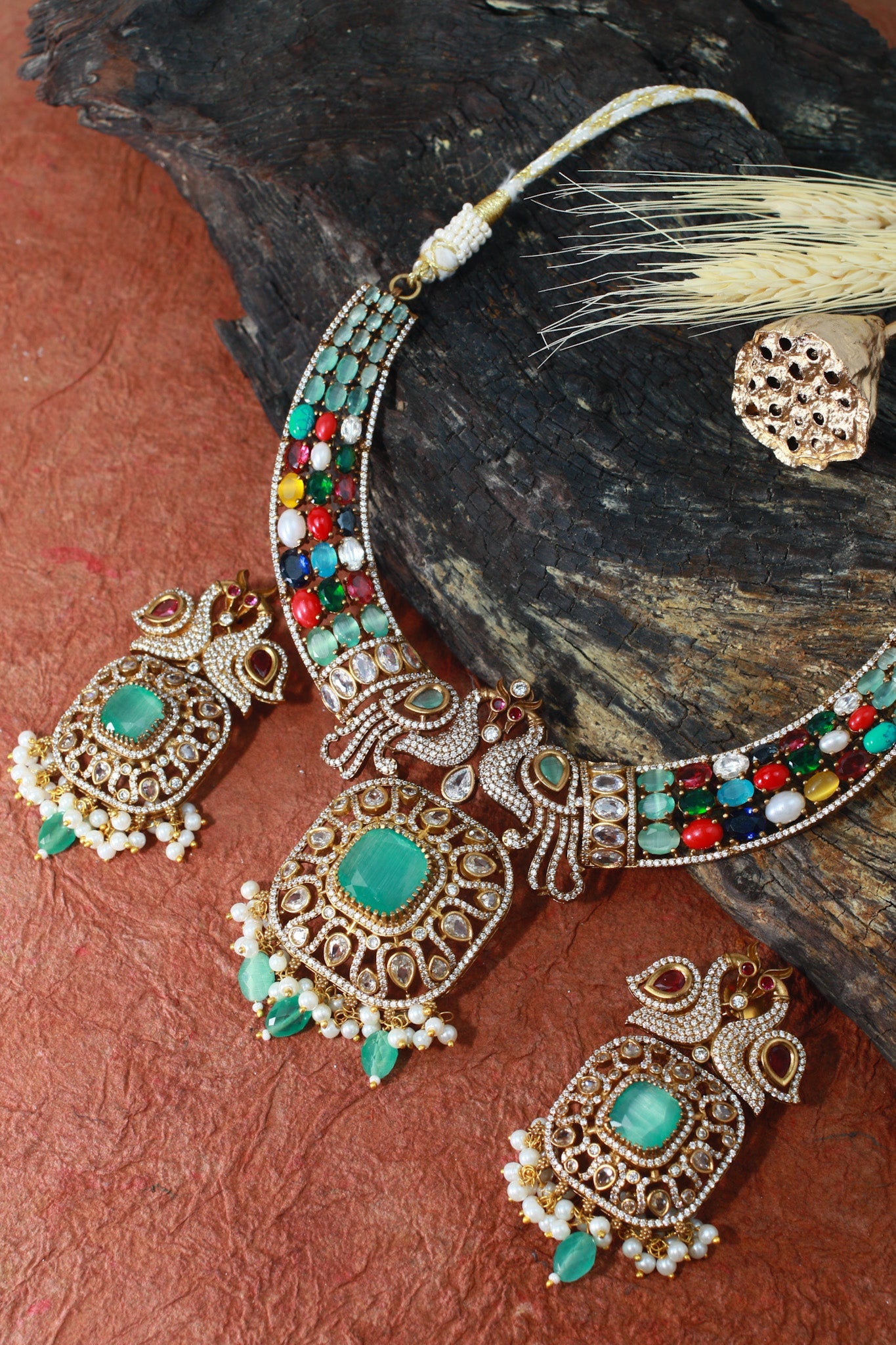 Antique Peacock Temple Necklace with Navaratna Stones & Emerald Center - Maxiblink
