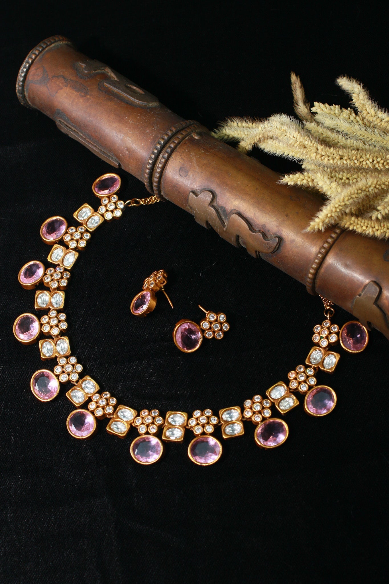 Antique Temple Necklace Set with Pastel Lilac & Polki Look Stones - Maxiblink