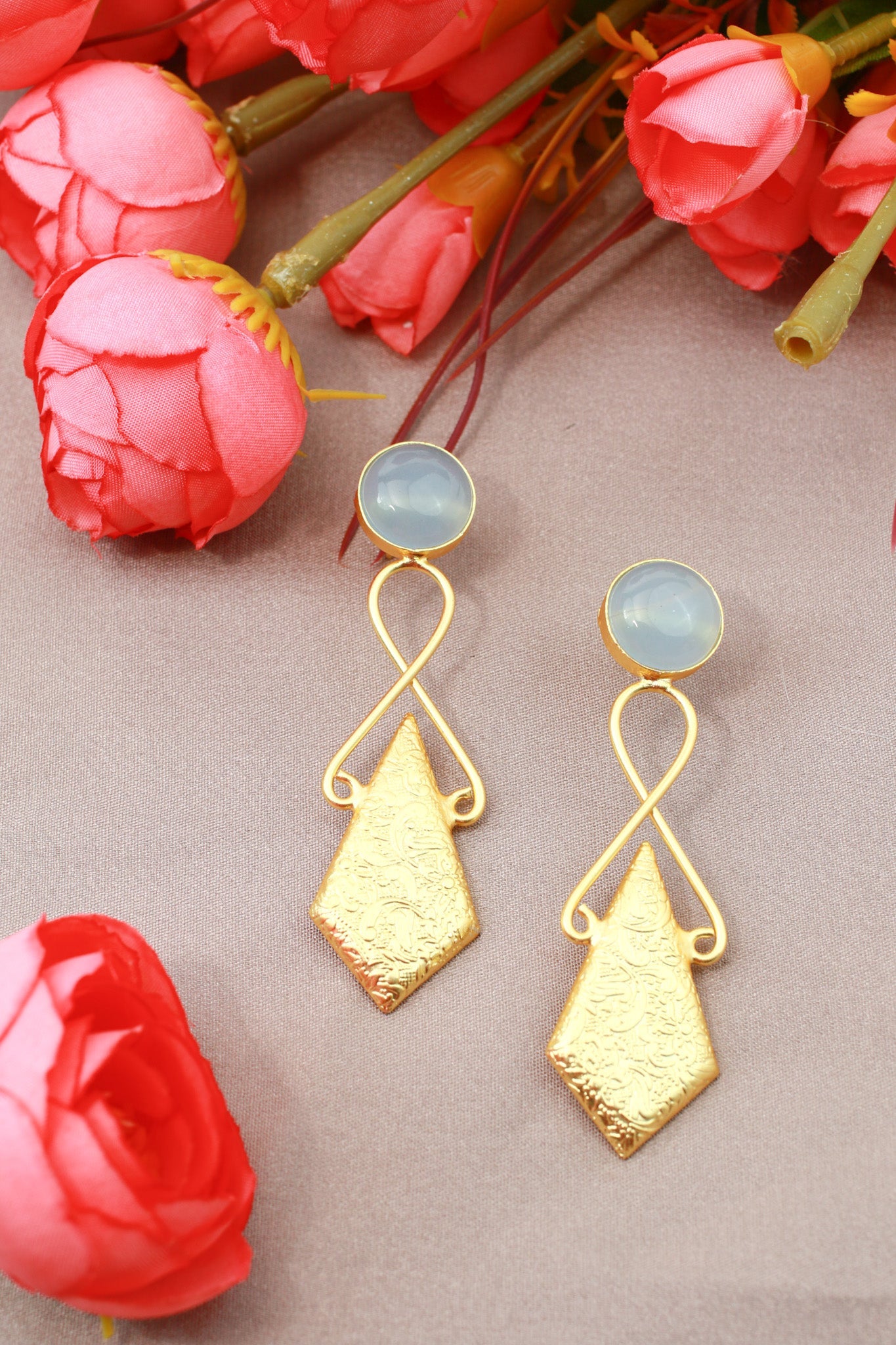 Aqua Chalcedony Infinity & Engraved Kite Drop Earrings – Gold Plated Brass - Maxiblink