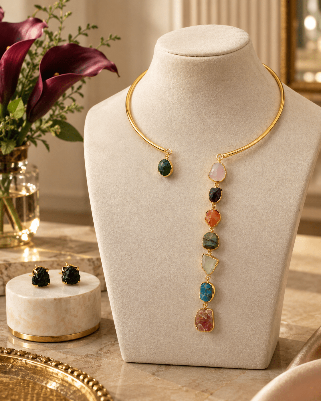 Asymmetric Raw Stone Drop Hansuli Necklace Set - Maxiblink