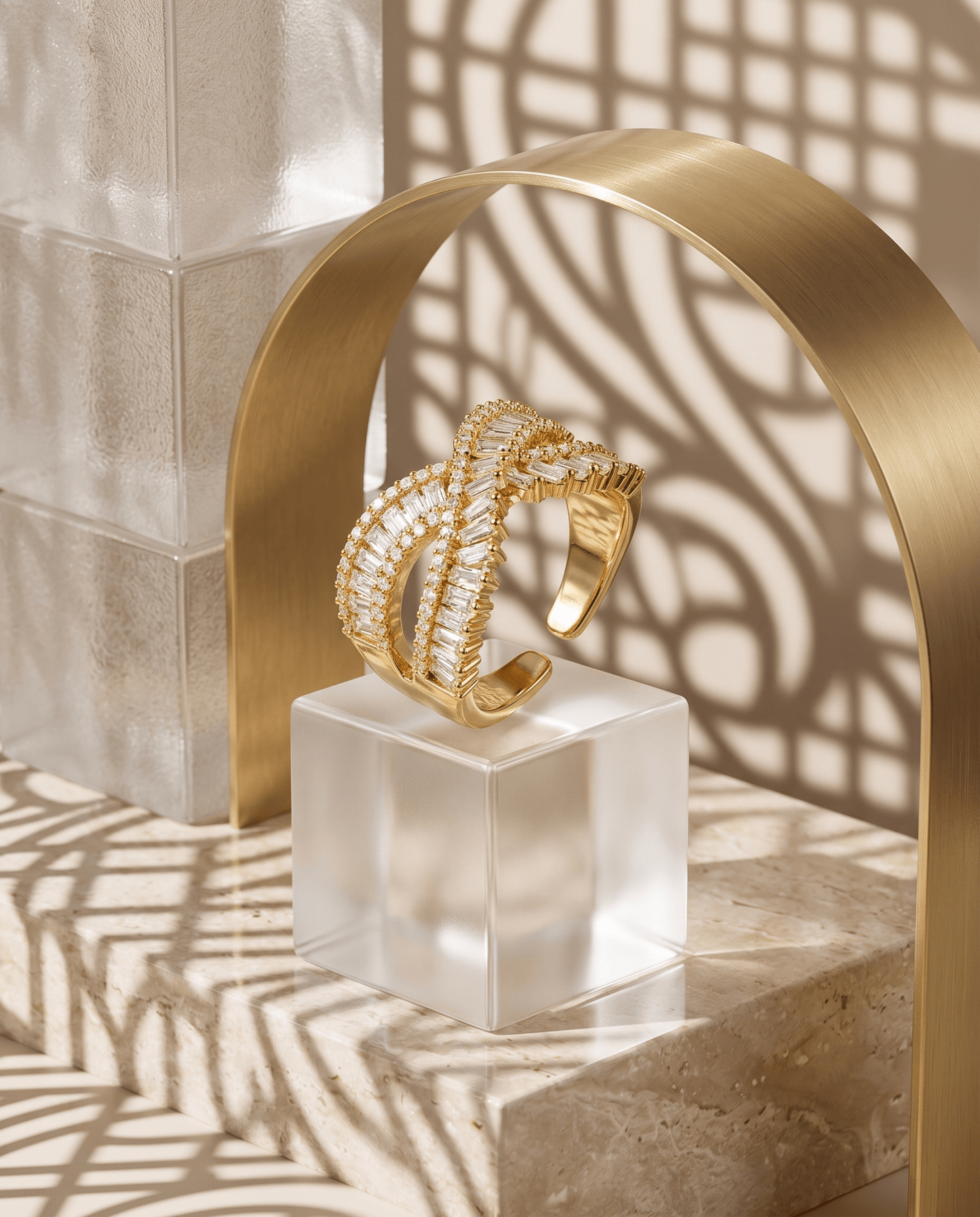 Baguette Crossover Cocktail Ring close-up detail — 18K gold-plated anti-tarnish ring, MaxiBlink