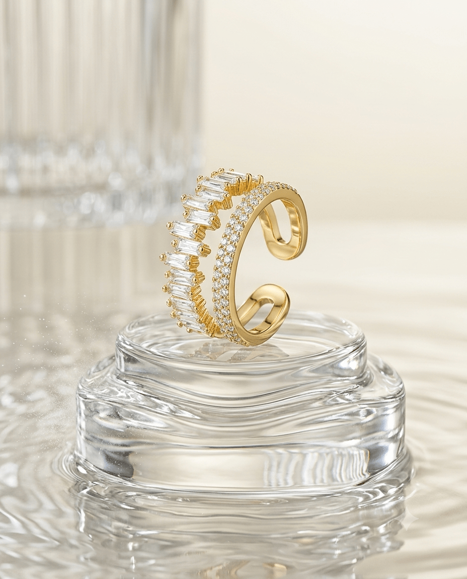 Baguette Row Double-Line Open Ring, free-size open band — MaxiBlink gold-plated demi-fine jewellery