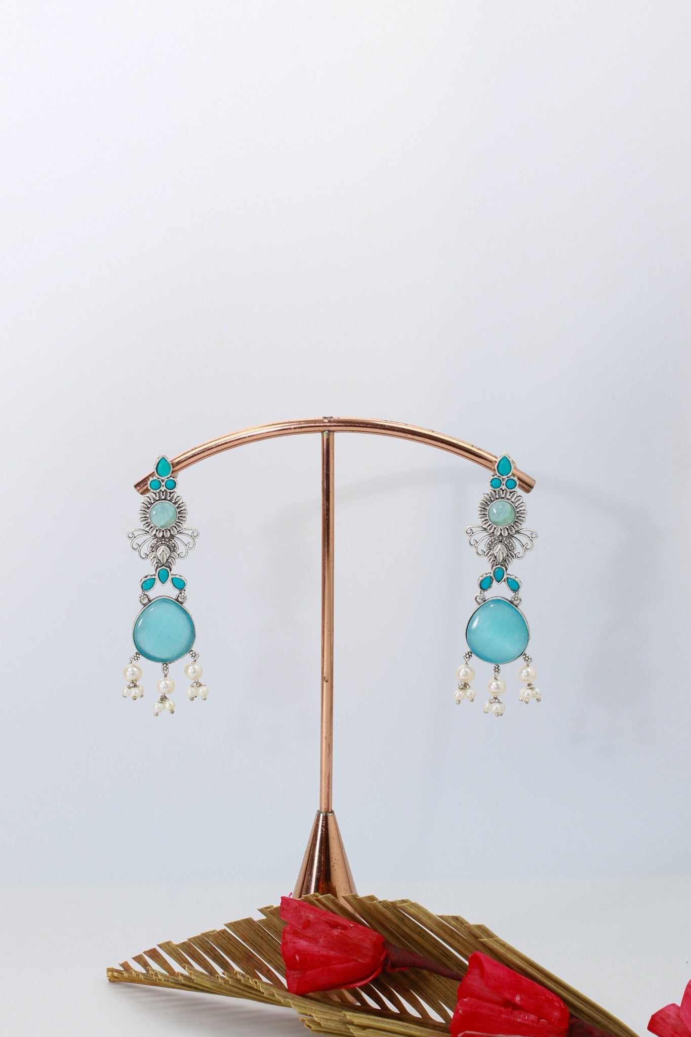 Blue Monalisa Stone German Silver Oxidised Drop Earrings - Maxiblink