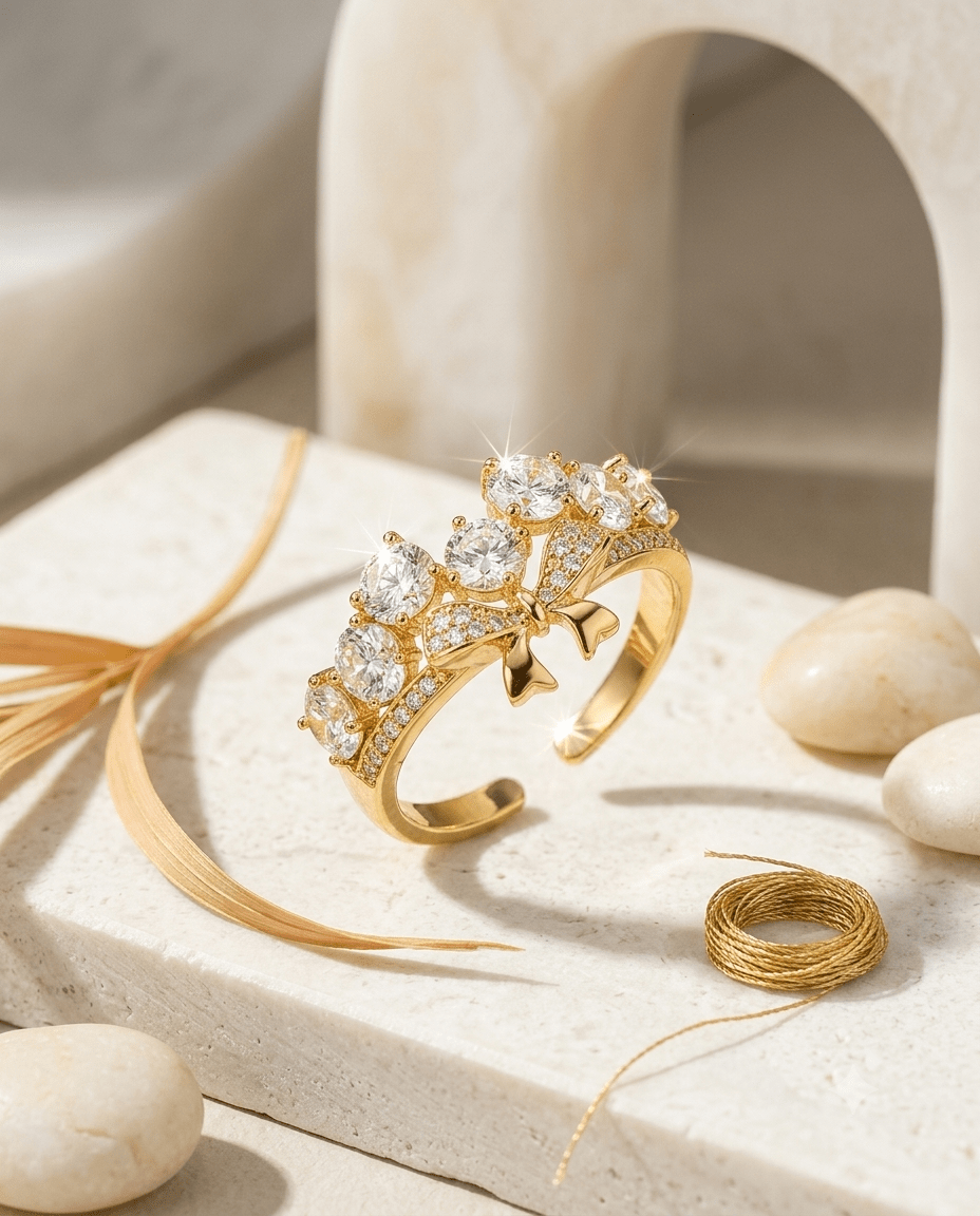 Crystal Bow Cluster Ring, free-size open band — MaxiBlink gold-plated demi-fine jewellery