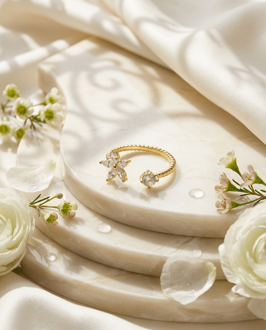 Crystal Flower & Solitaire Rope Band Ring, free-size open band — MaxiBlink gold-plated demi-fine jewellery