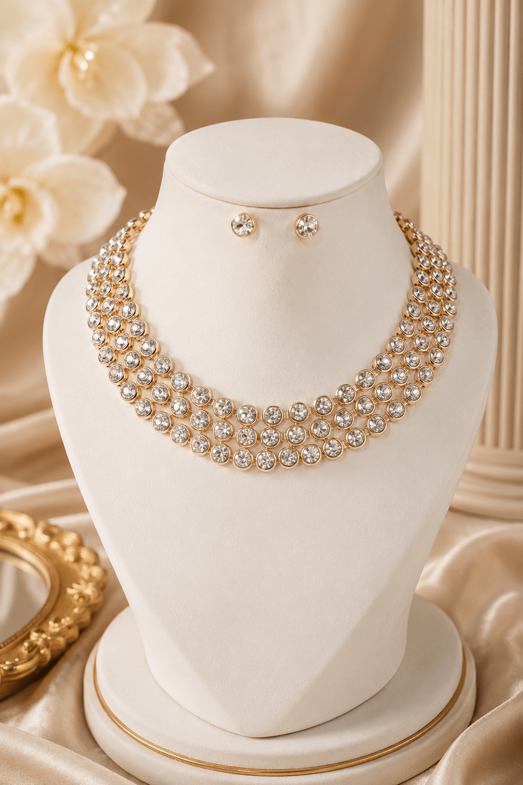 Crystal Rhinestone Multi - Row Collar Necklace & Earring Set - Maxiblink