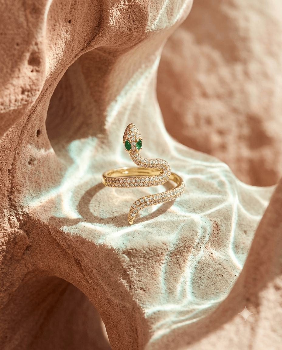 Crystal Serpent Coil Ring, free-size open band — MaxiBlink gold-plated demi-fine jewellery