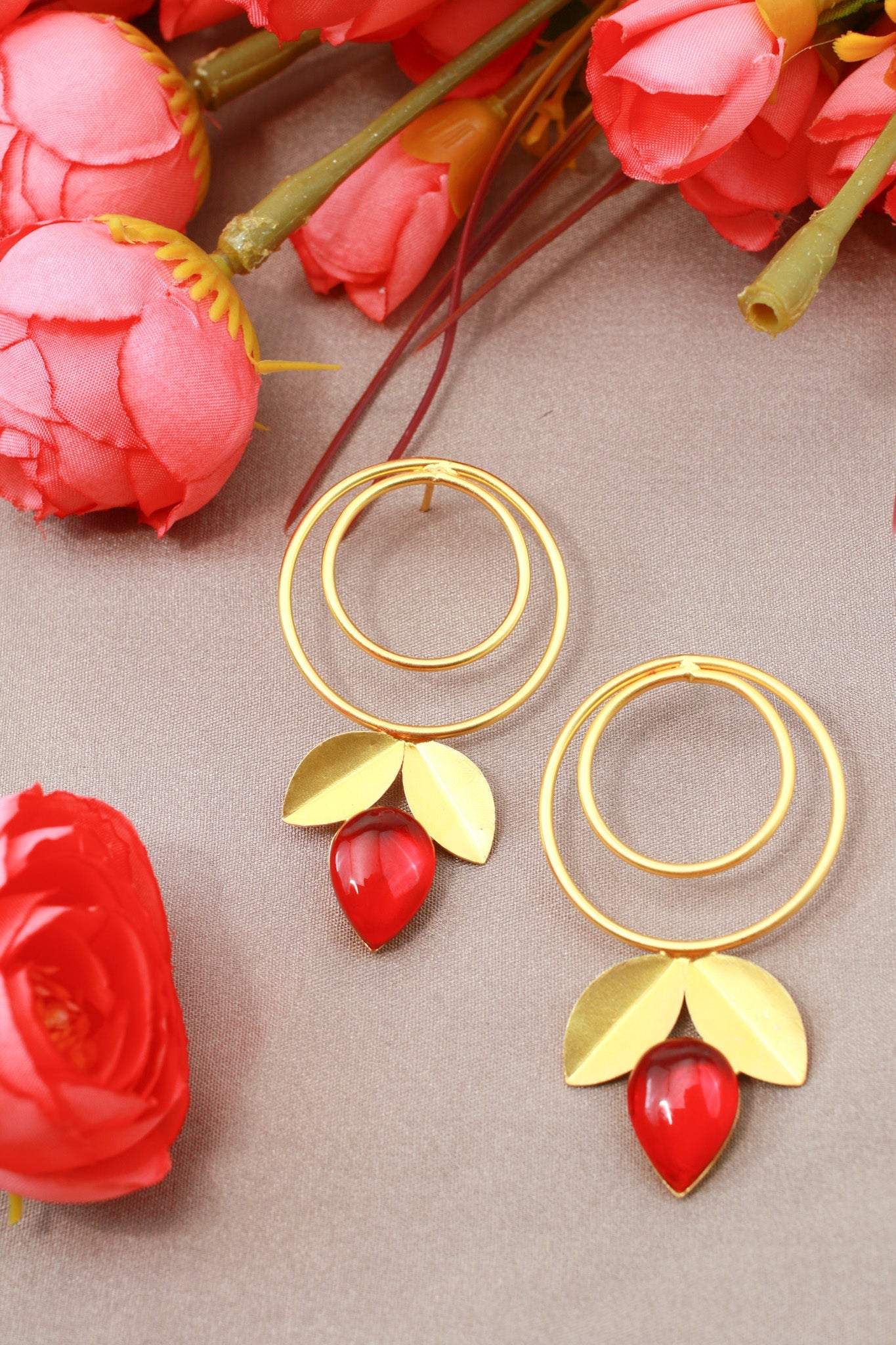 Double Hoop & Red Onyx Petal Drop Earrings – Gold Plated Brass - Maxiblink