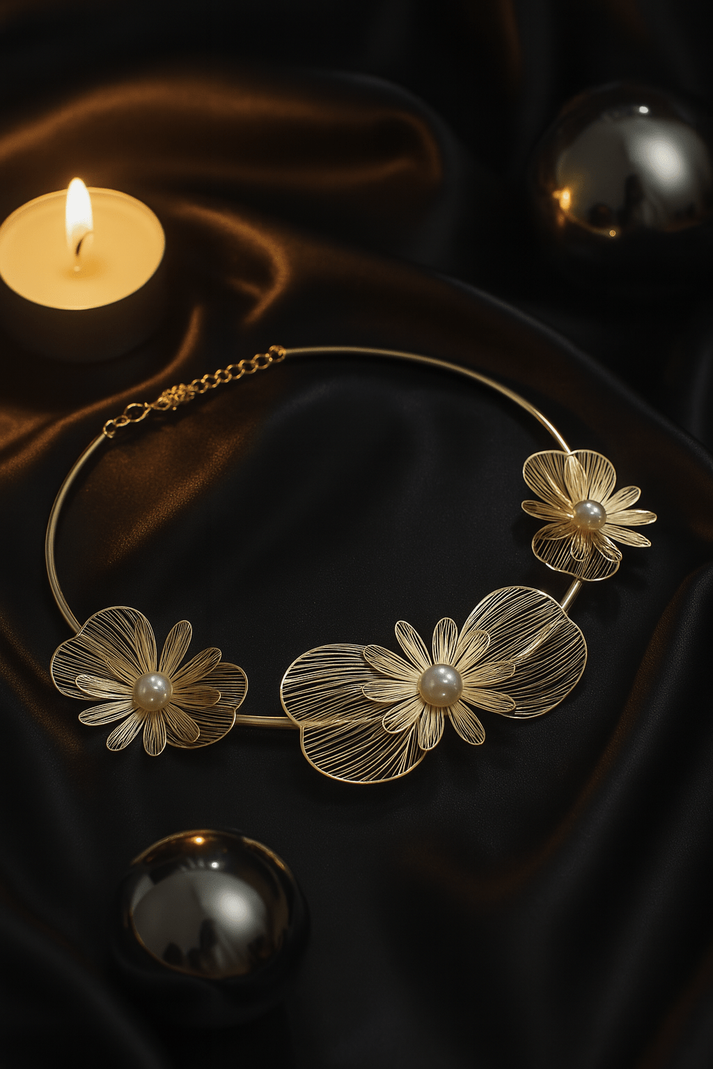 Elegant Floral Design Choker with Pearl Centers - Maxiblink