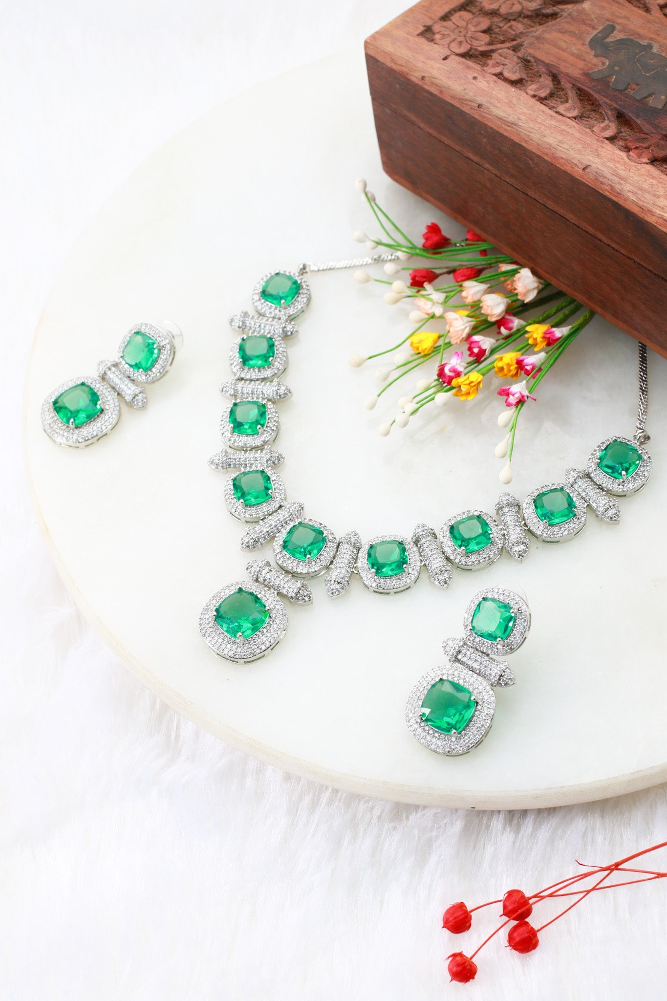 Emerald Cushion Cut Necklace Set with Diamond Finish | Premium Wedding Jewellery - Maxiblink