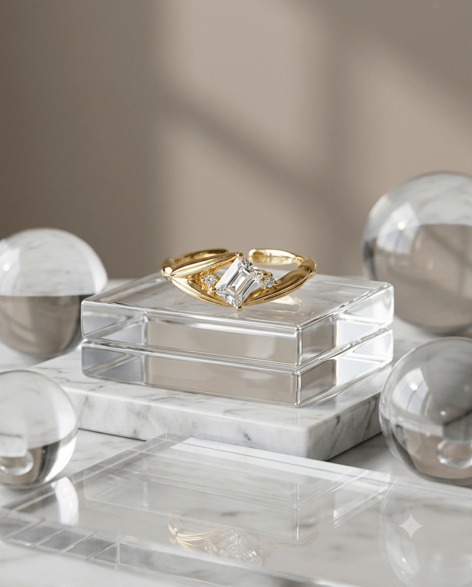 Emerald-Cut Solitaire Dainty Ring, free-size open band — MaxiBlink gold-plated demi-fine jewellery