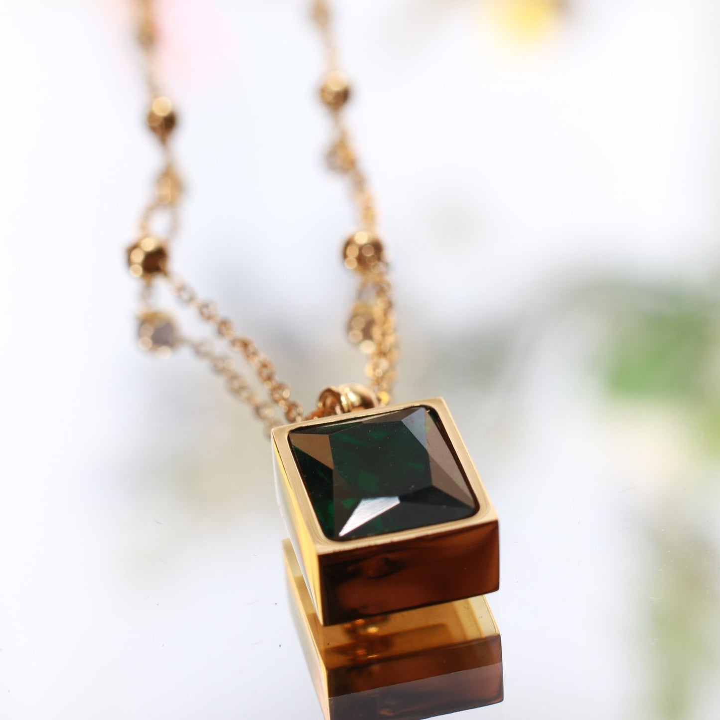 Emerald Green Rectangle Pendant with Gold Bead Chain - Maxiblink