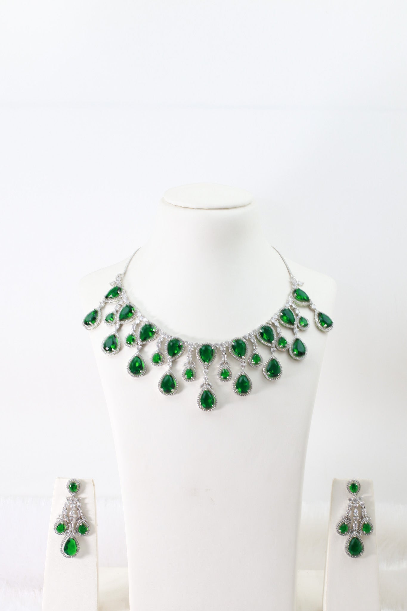 Emerald Green Teardrop Statement Necklace Set with Crystal Halo | Luxury Bridal Jewellery - Maxiblink