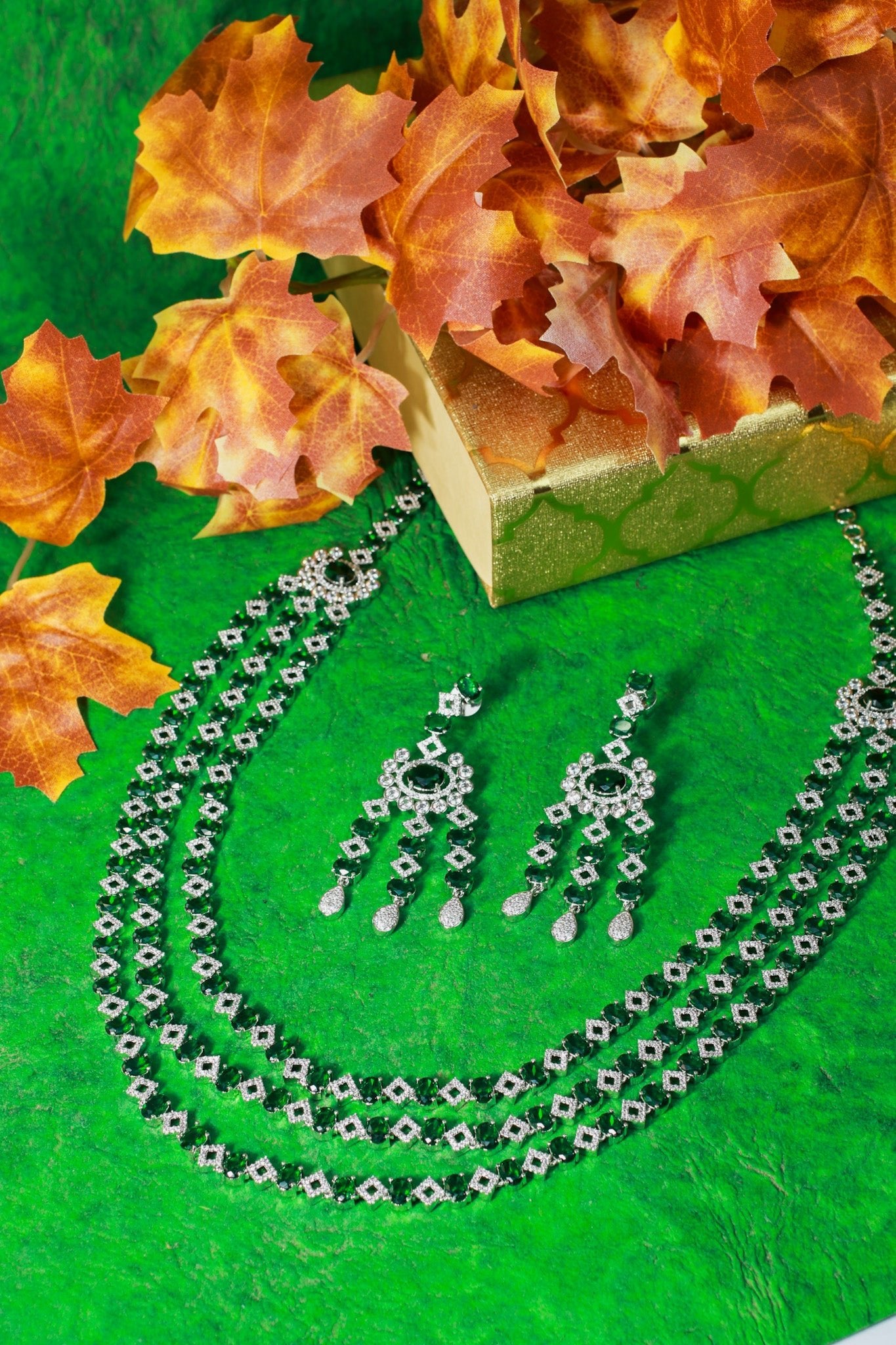 Emerald Layered Ranihaar Style Necklace Set - Maxiblink
