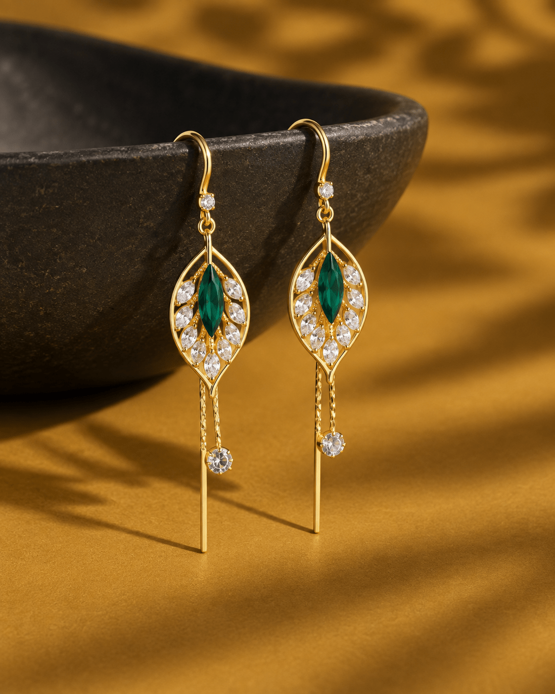 Emerald Leaf Fringe Drop Earrings - Maxiblink