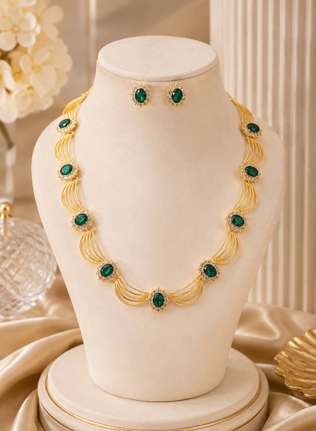Emerald Royale Green Stone Fan Shape Necklace & Earring Set - Maxiblink