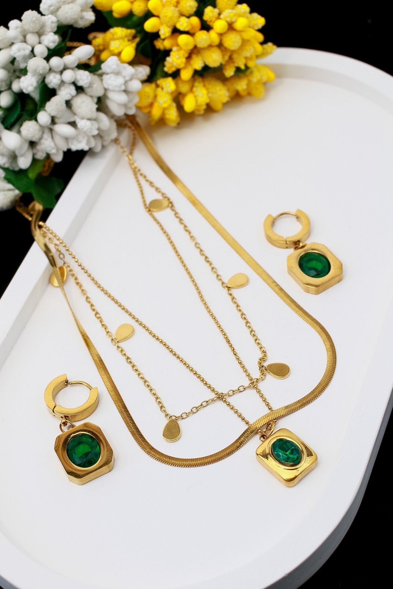 Emerald Square Pendant Layered Necklace & Earring Set