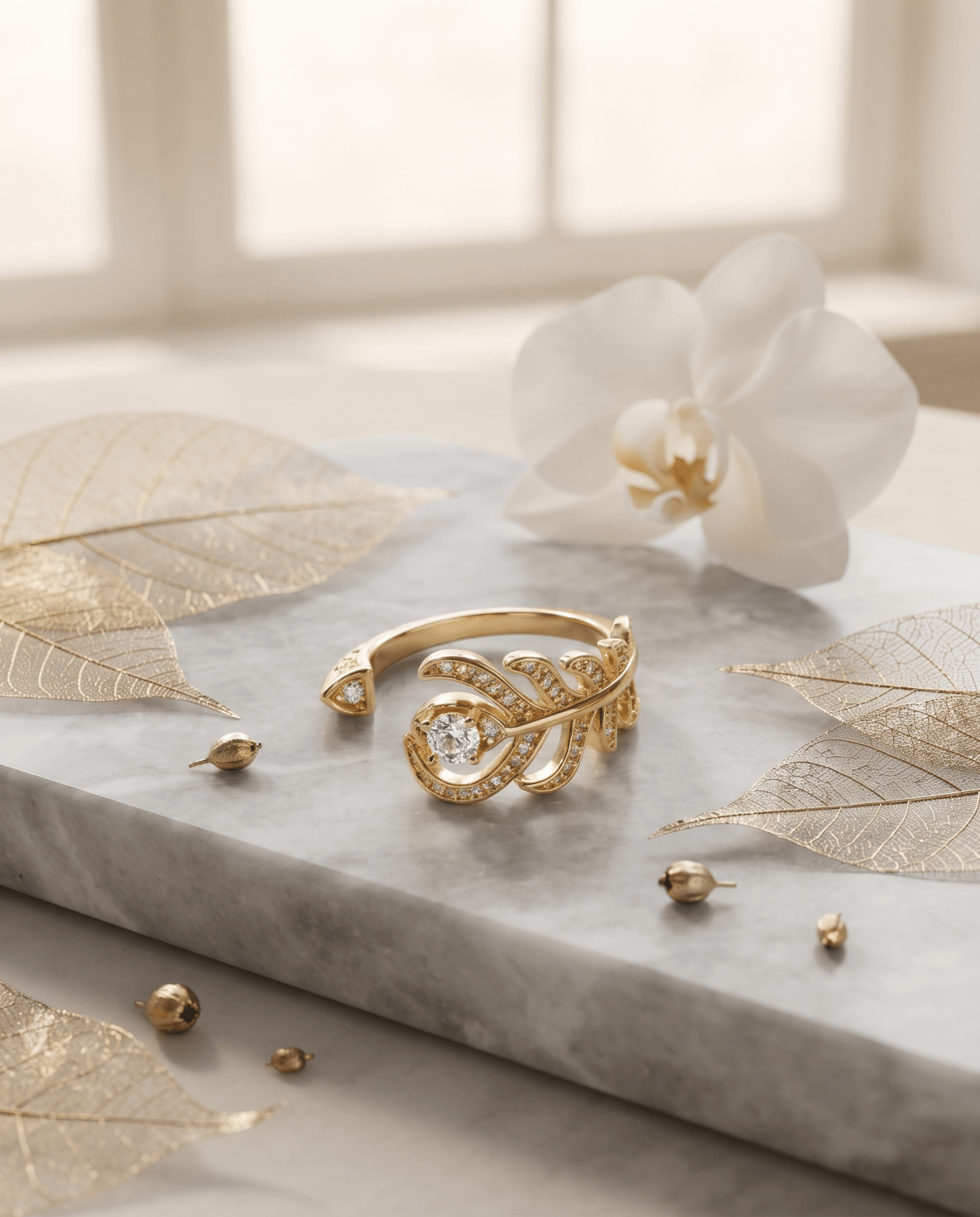 Feather Leaf Solitaire Wrap Ring - Maxiblink