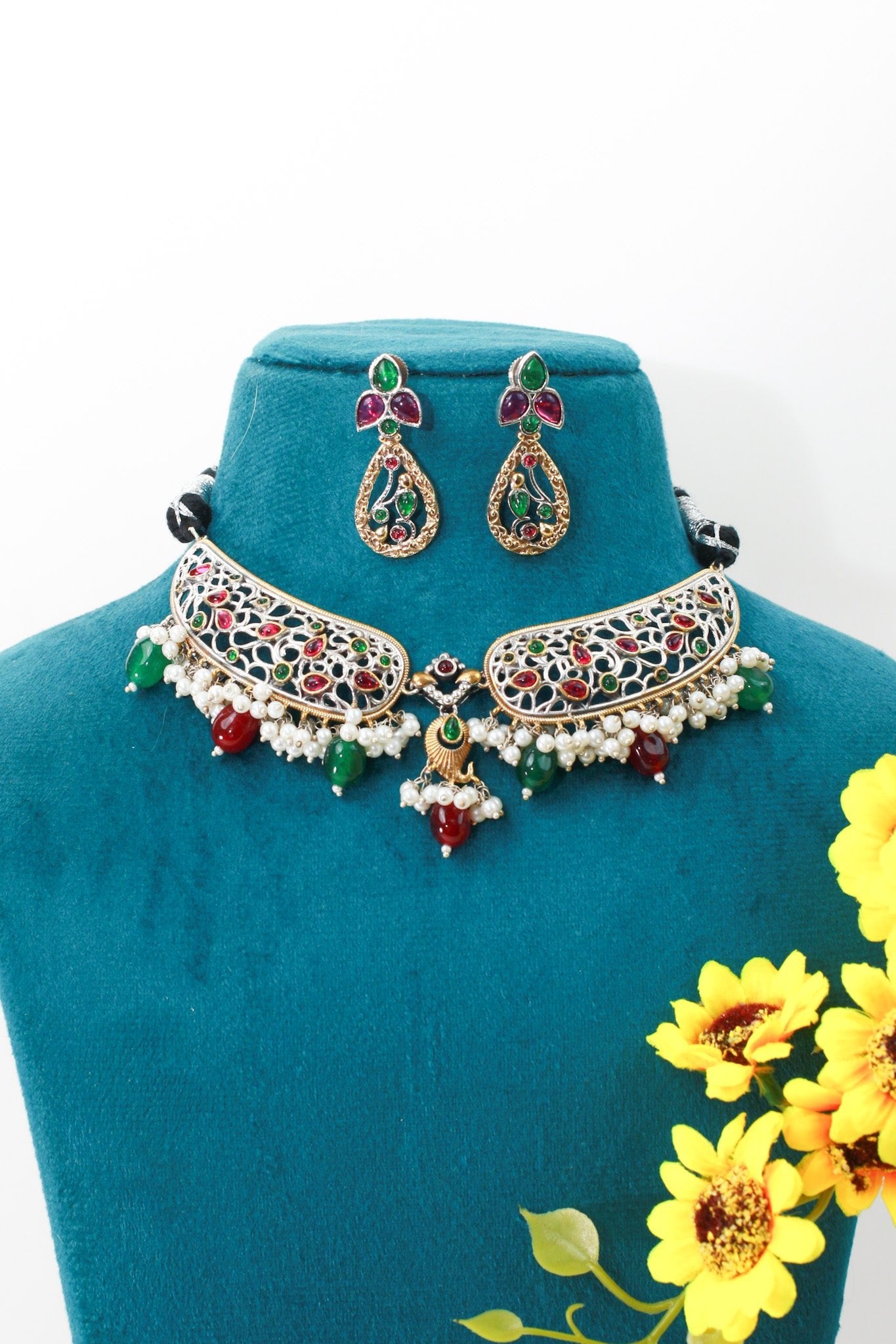Festive Green Pink Pearl Drop Collar Necklace Set - Maxiblink