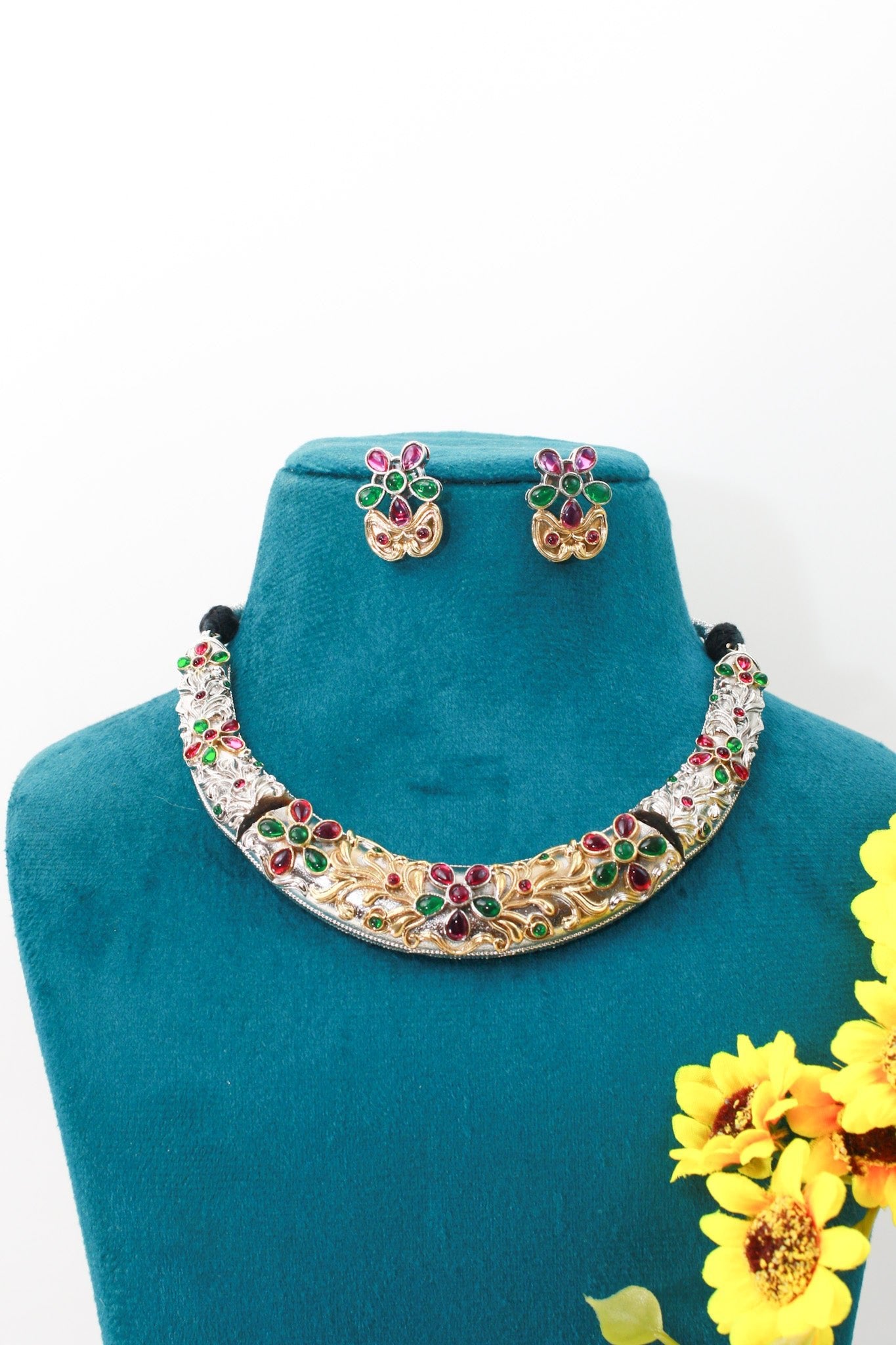 Festive Multicolor Dual - Tone Floral Collar Necklace Set - Maxiblink