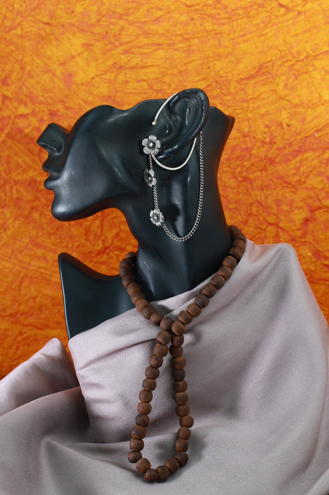 Floral Chain Ear Cuff in Oxidised German Silver – Non‑Pierced Boho Style - Maxiblink