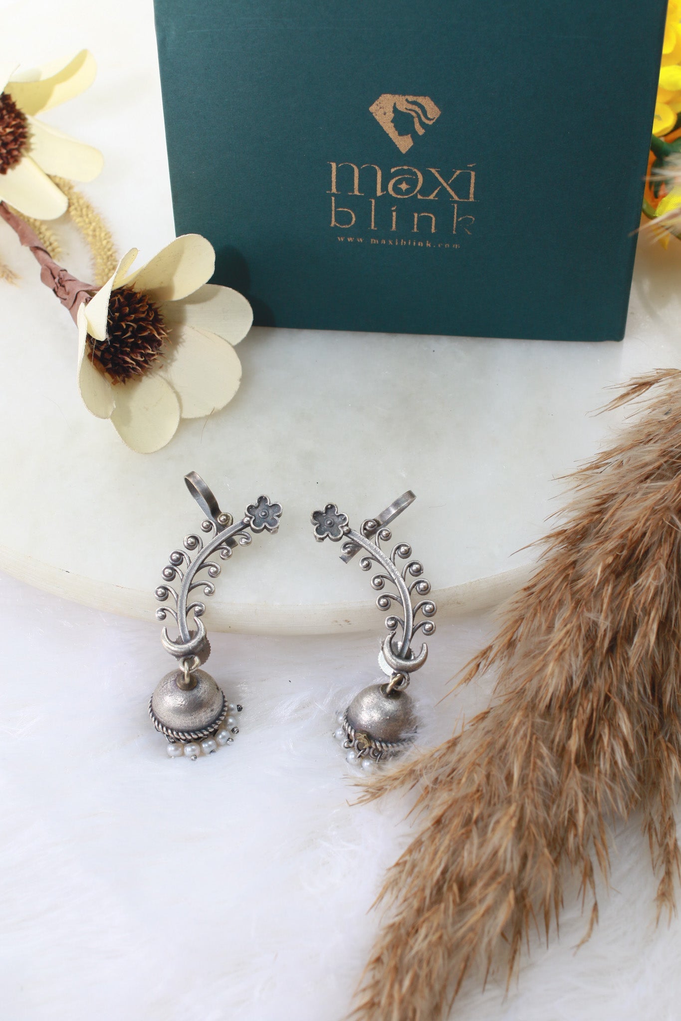 Floral Curve Oxidised German Silver Ear Cuff with Pearl Jhumka | Long Ethnic Ear Cuff - Maxiblink