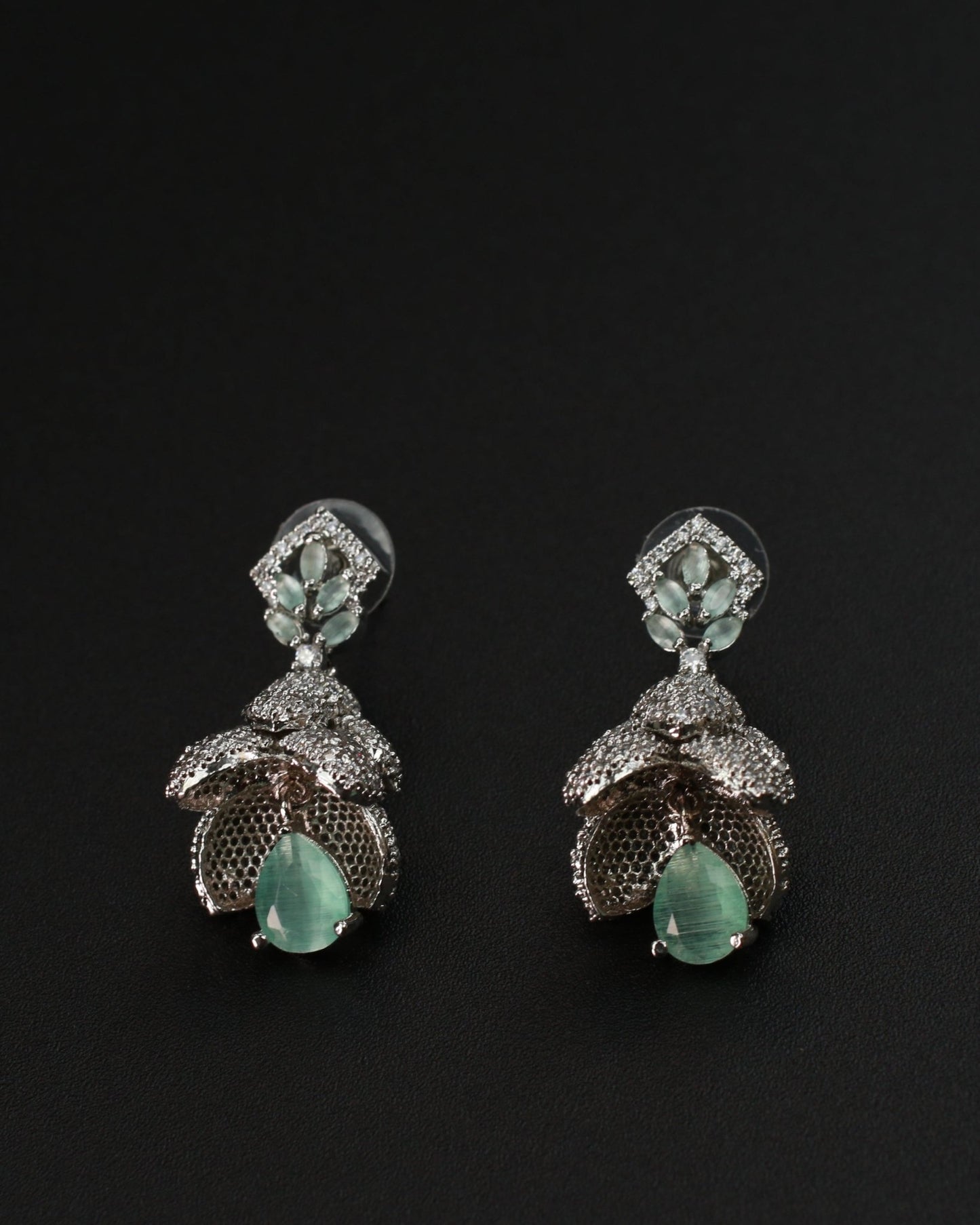 Floral Drop Earrings with Mint Green Gemstone & Pave CZ – Designer Statement Jewelry - Maxiblink