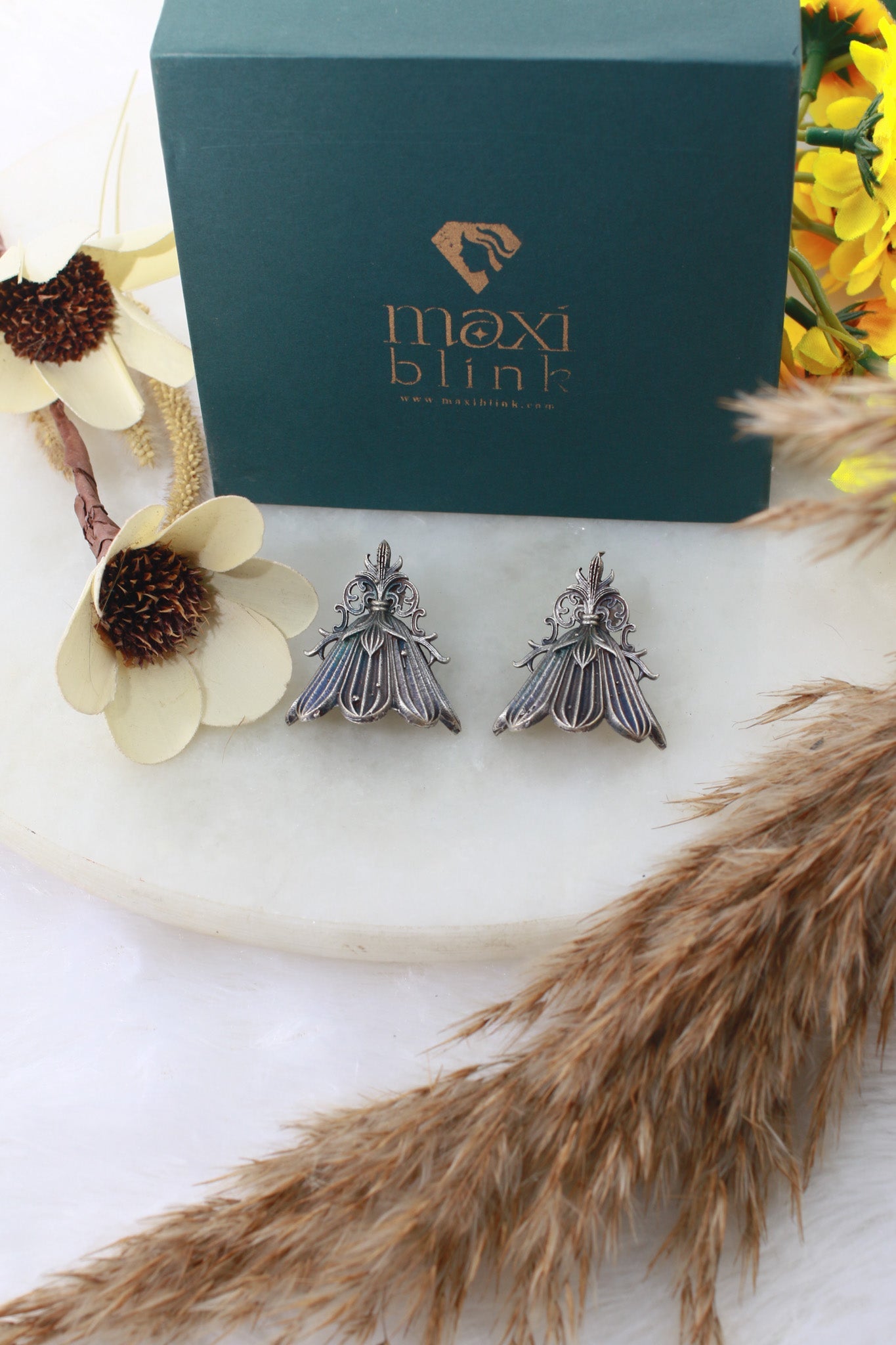 Floral Petal Oxidised German Silver Earrings | Vintage Ethnic Statement Earrings - Maxiblink