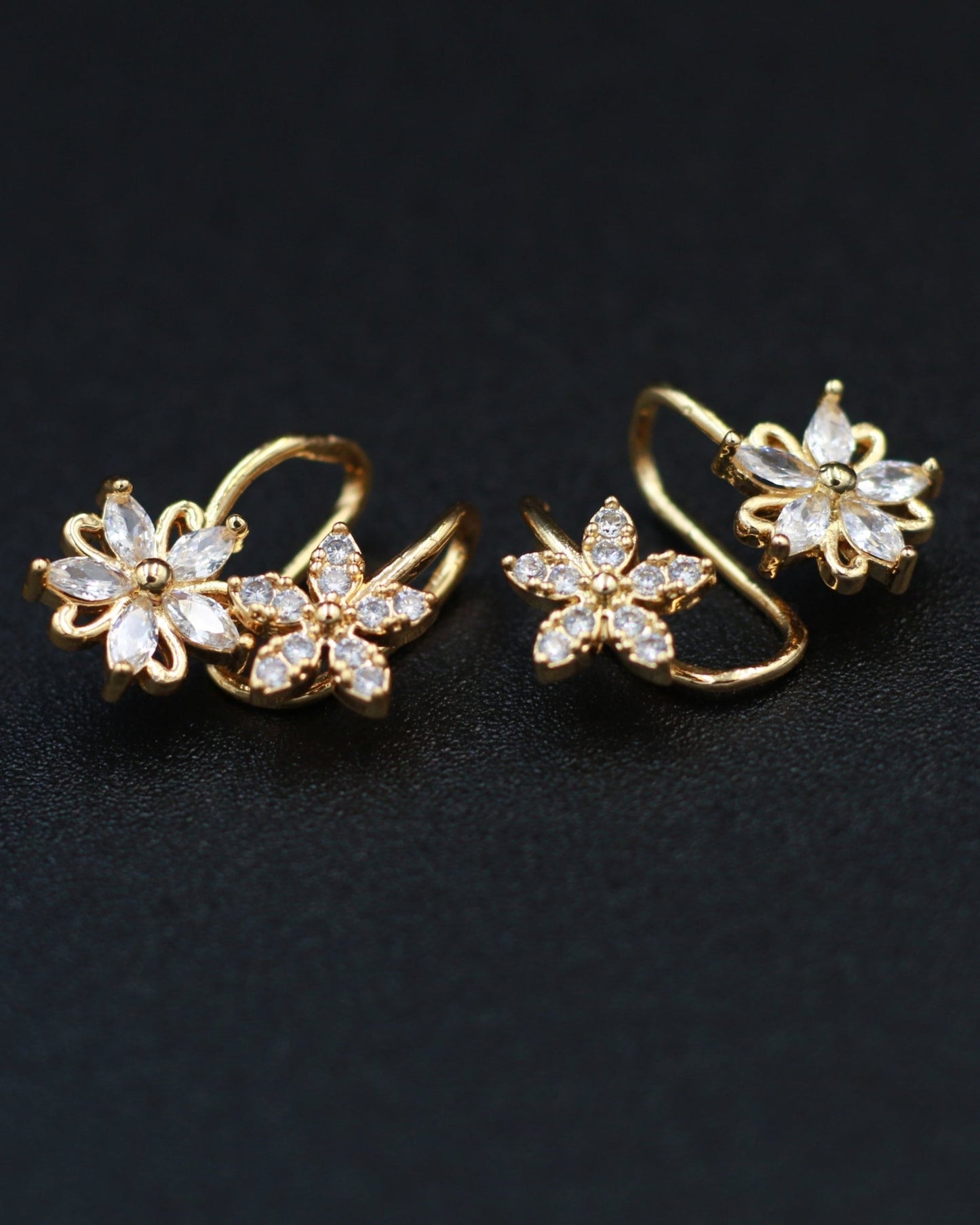 Gold Floral Clip - On Earrings with Dual Flower Design – Elegant Non - Pierced Ear Accessory - Maxiblink