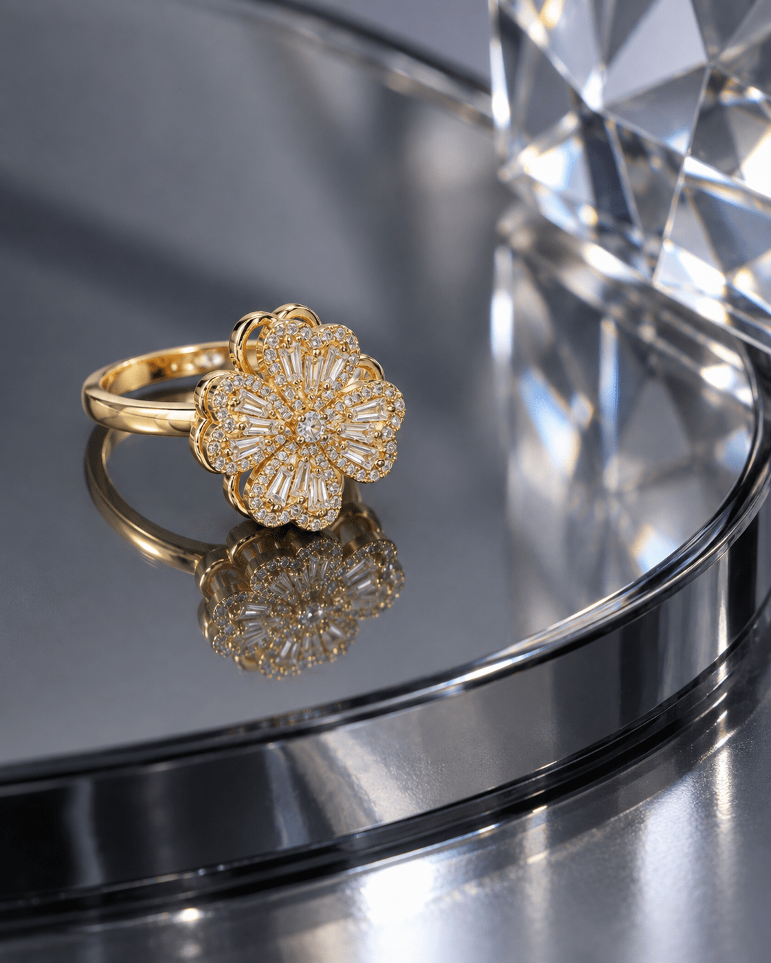 Gold Heart Petal Flower Spinner Ring with Baguette CZ - Maxiblink