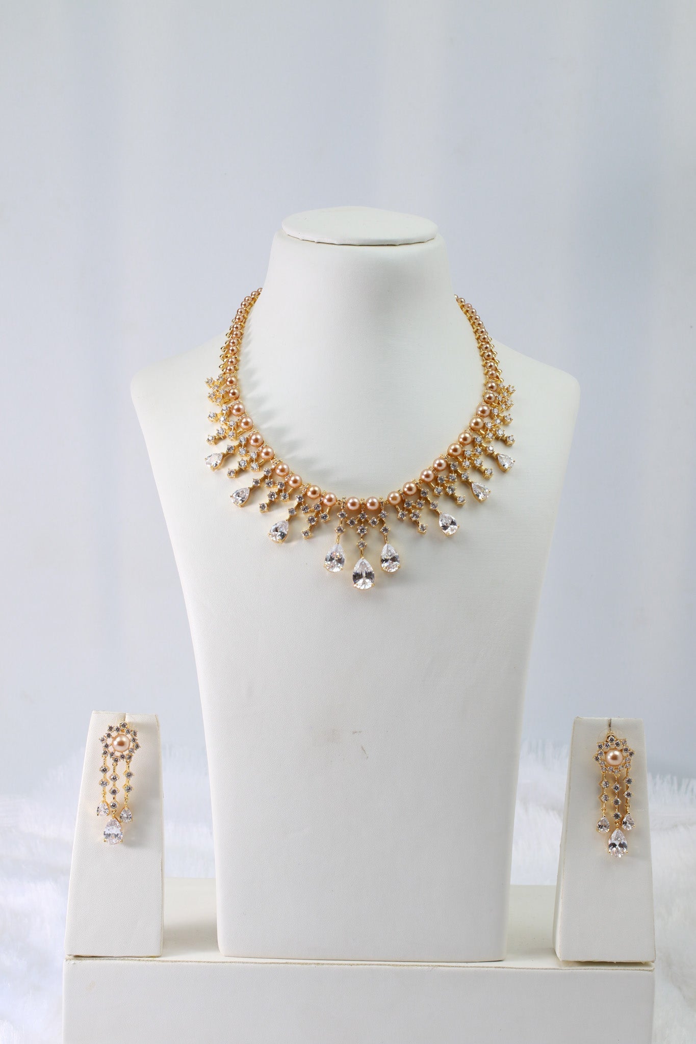 Gold Plated Pearl & Teardrop AD Stones Necklace Set | Bridal Cascading Design | Anti‑Tarnish - Maxiblink