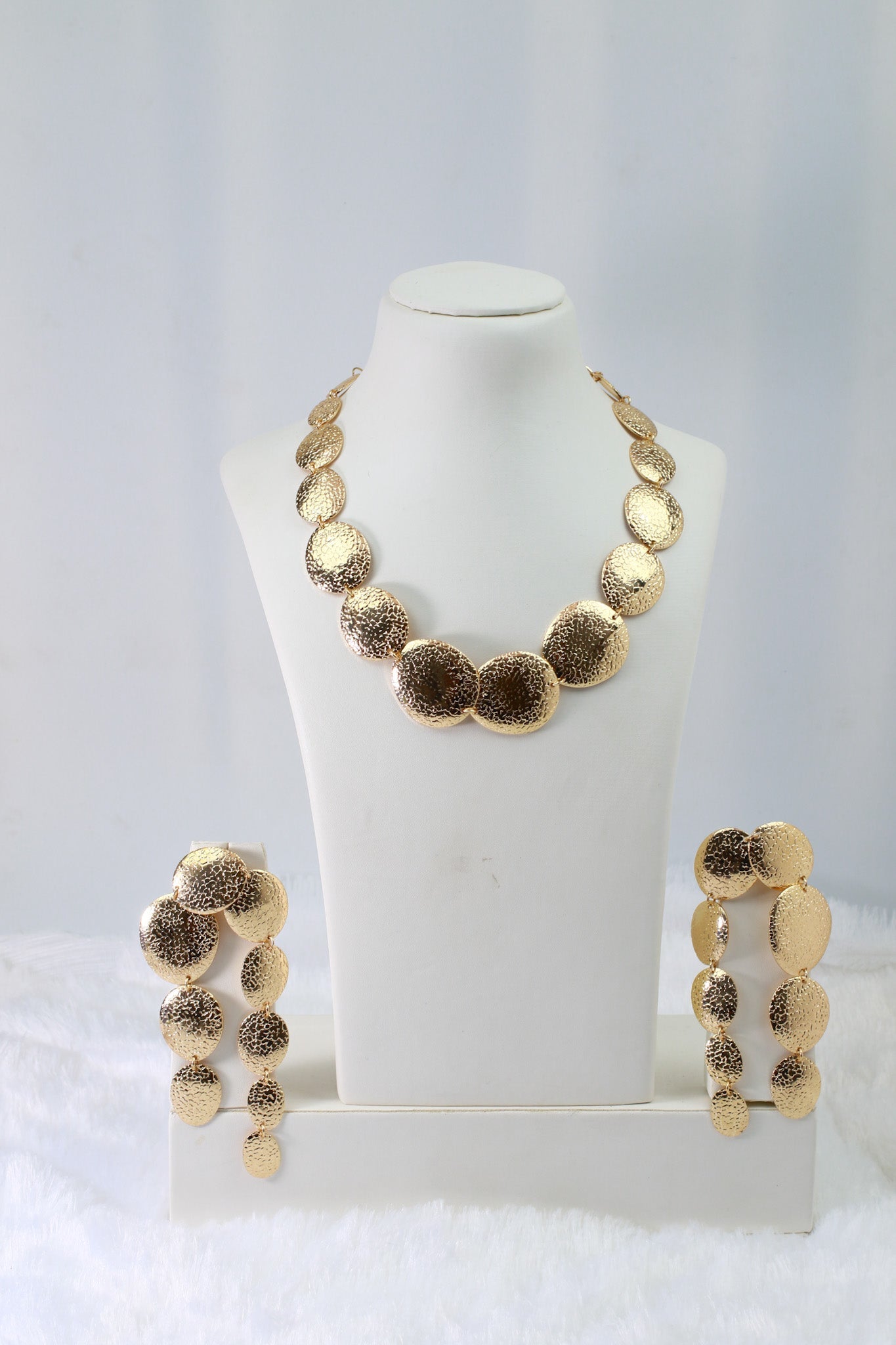 Gold Plated Textured Round Disc Necklace with Matching Earrings | Minimal Coin Motif Set | Anti‑Tarnish - Maxiblink