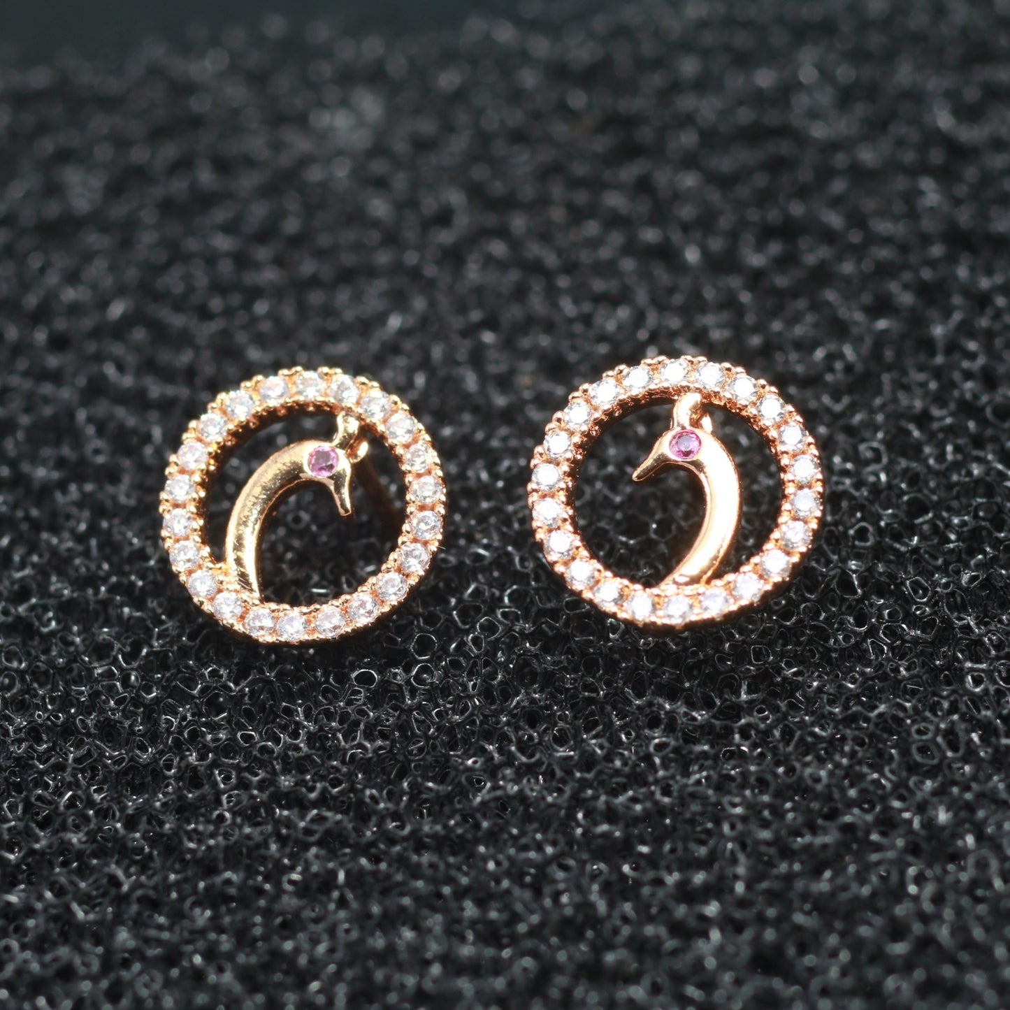 Gold - Tone Peacock Motif Round Stud Earrings with Crystal Detailing - Maxiblink