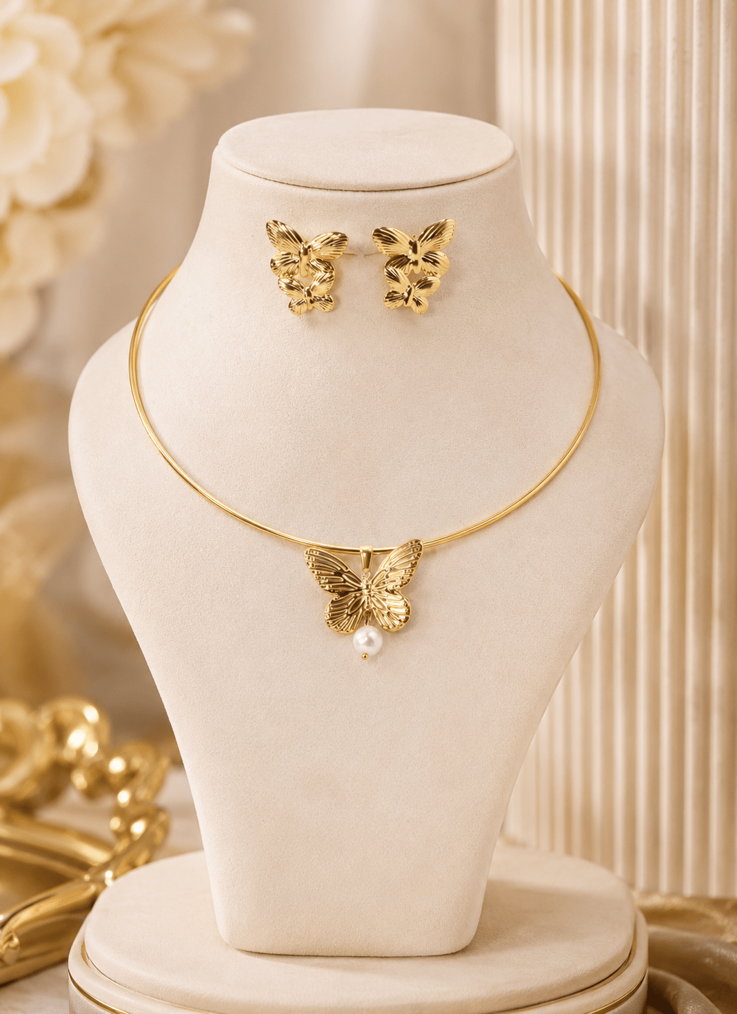 Golden Butterfly Pearl Choker Necklace & Earring Set - Maxiblink