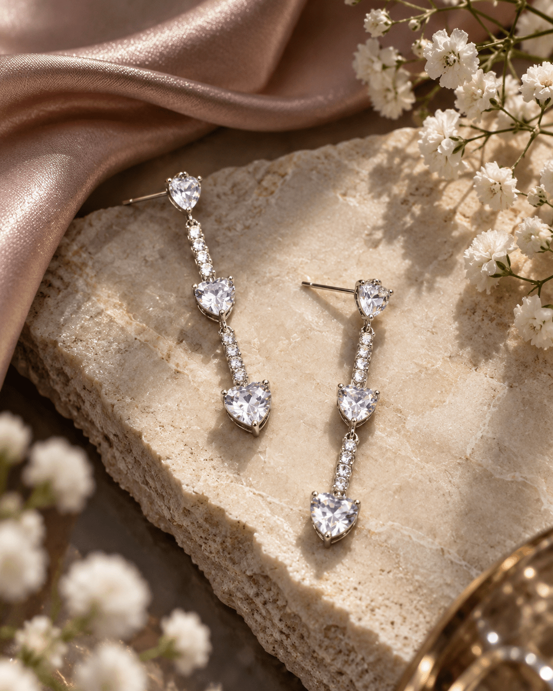 Graduated Heart Crystal Drop Earrings Silver - Maxiblink