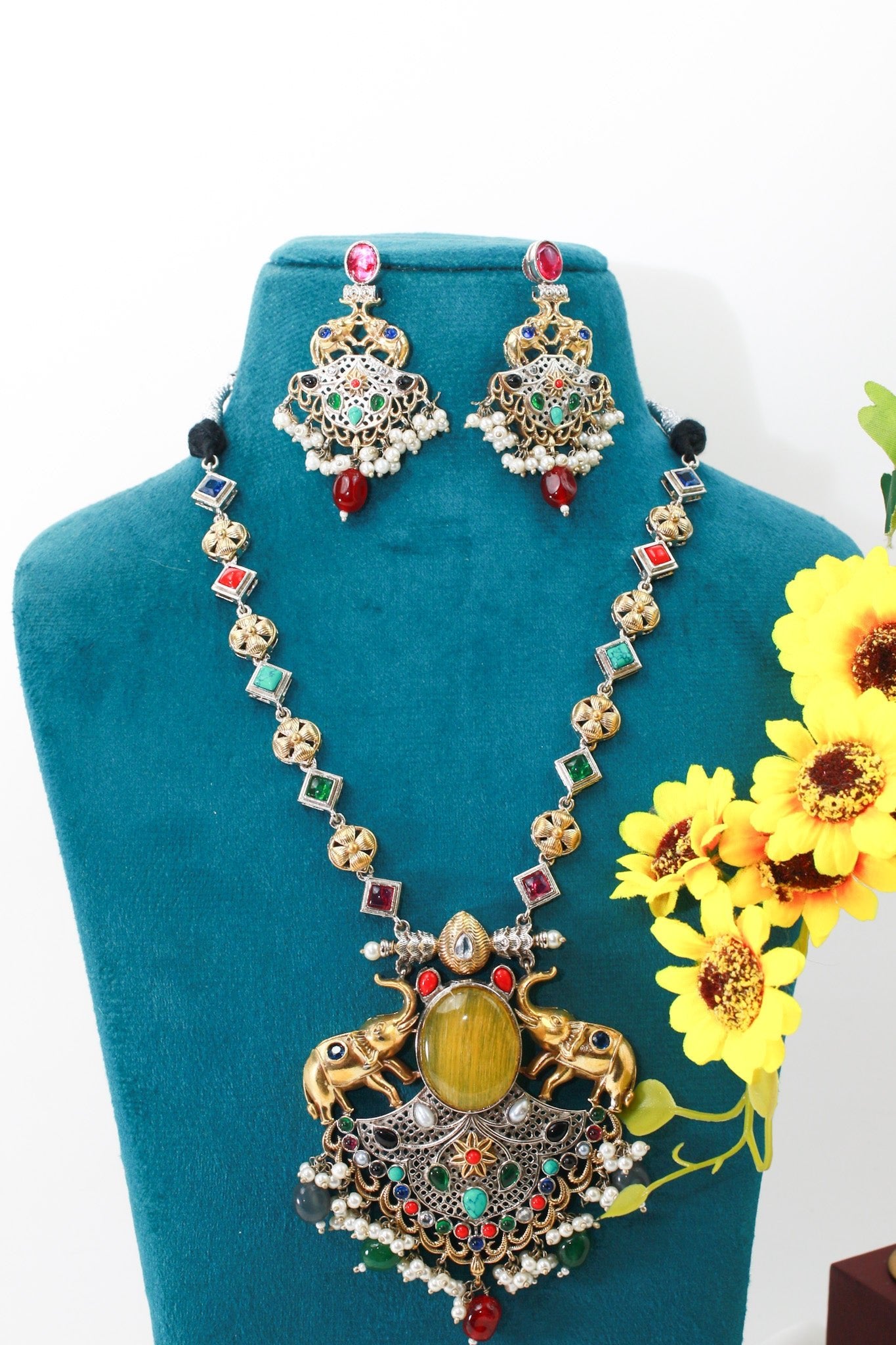 Grand Multicolor Elephant Temple Haram Necklace Set - Maxiblink