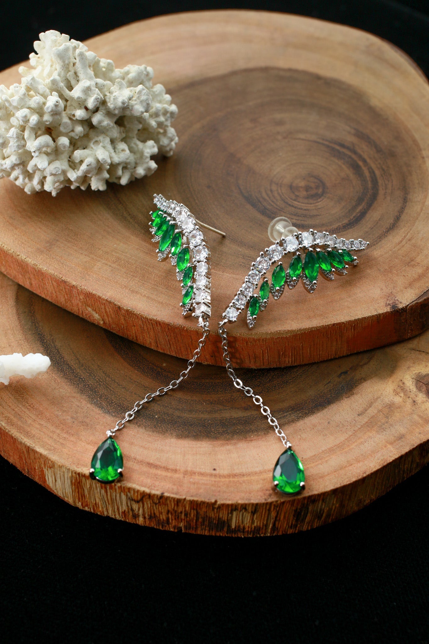 Green Crystal Ear Climber with Teardrop Chain Drop - Maxiblink