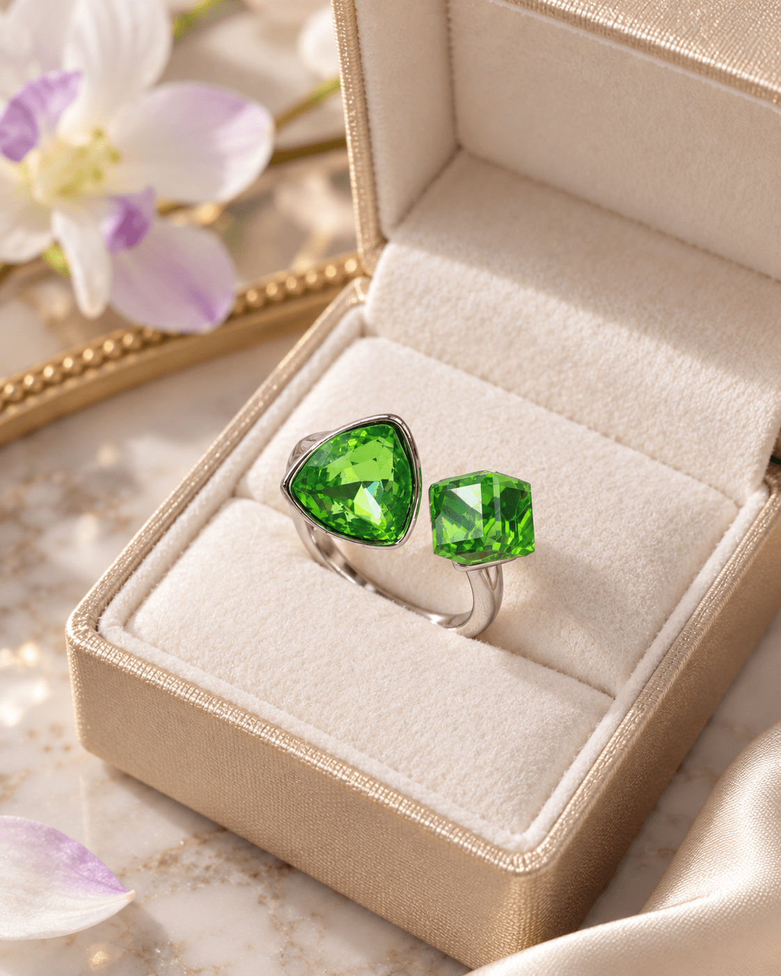 Green Trillion & Cube Crystal Open Ring - Maxiblink
