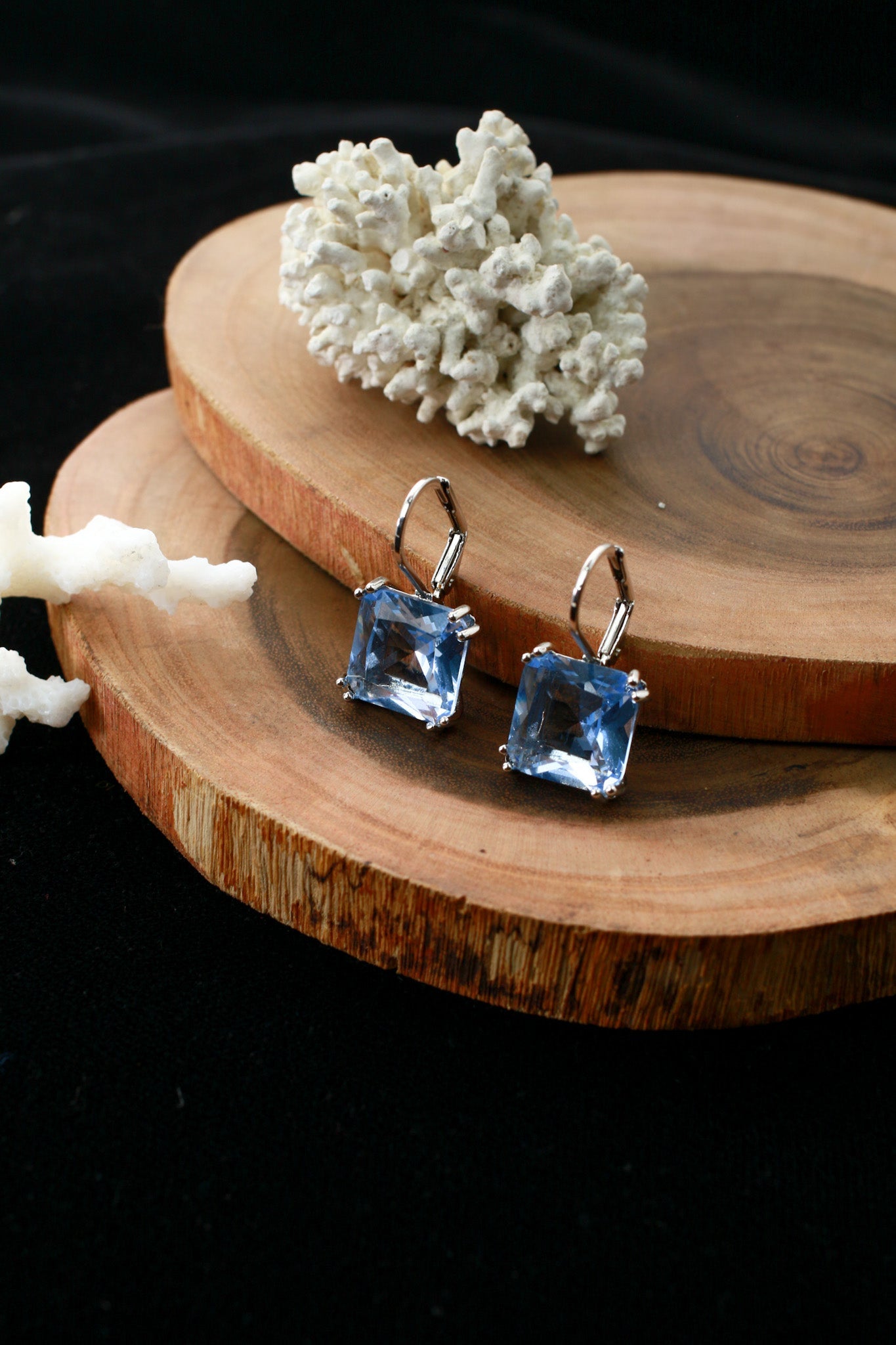 Ice Blue Square Crystal Lever - back Drop Earrings - Maxiblink