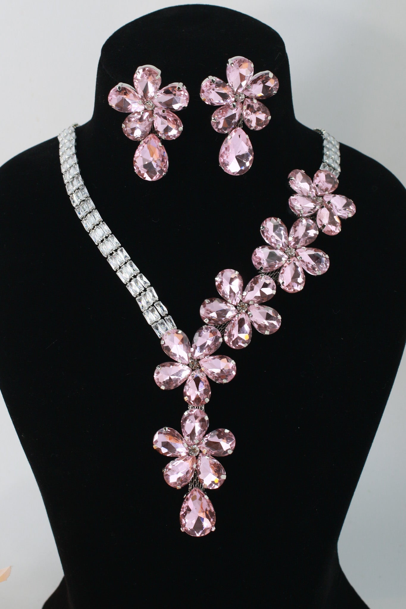 Korean Pink Floral Glass Stone Jewelry Necklace Set | Rhodium Plated Bridal & Party Jewelry with Earrings - Maxiblink