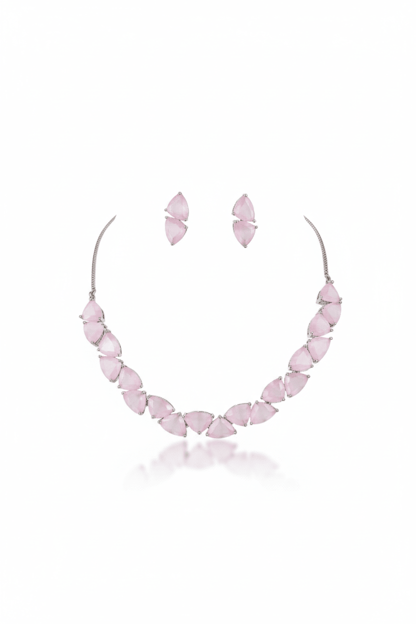 Korean Pink Glass Stone Jewelry Necklace Set | Rhodium Plated Elegant Fashion Jewelry with Earrings - Maxiblink