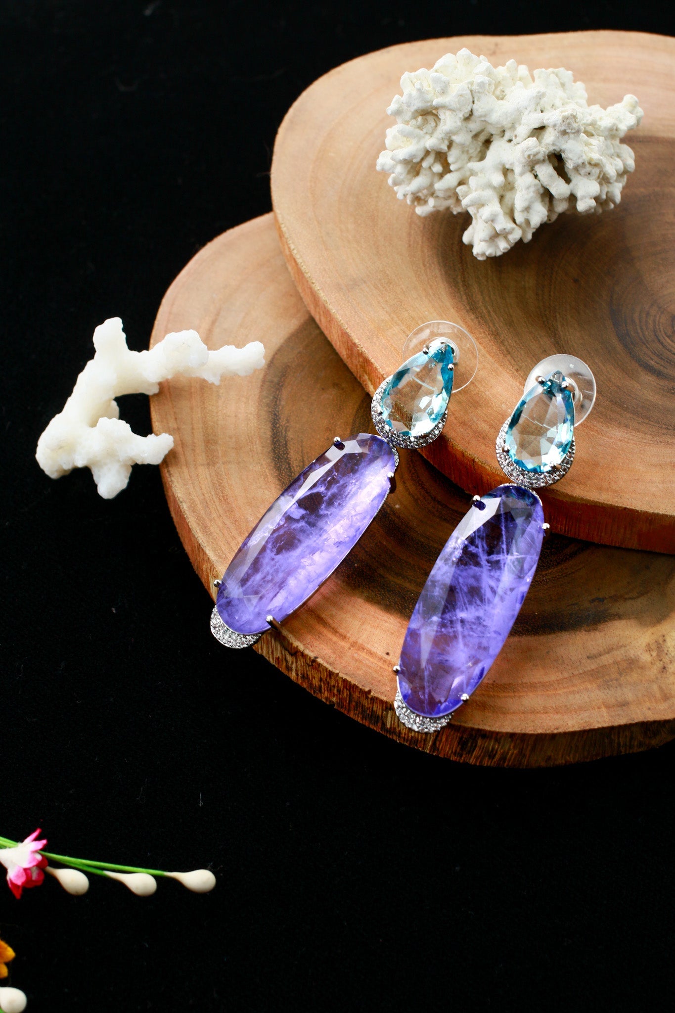 Lavender & Aqua Two - Stone Long Drop Earrings - Maxiblink