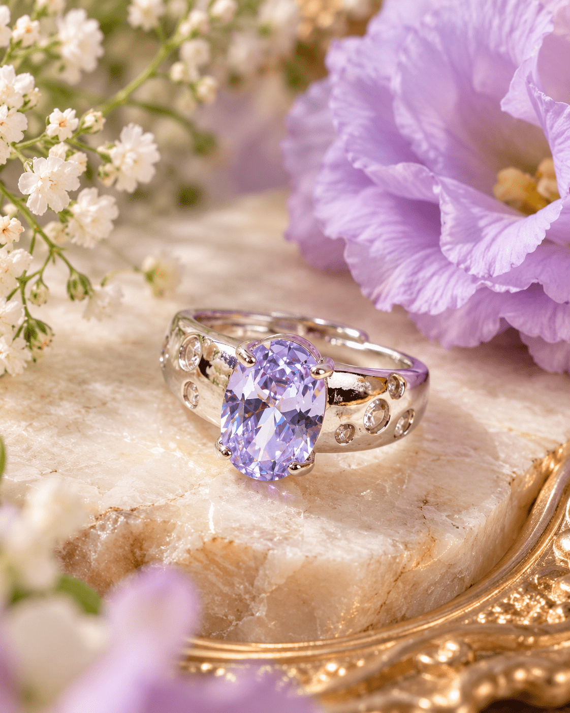 Lavender Oval Ring on Starry Wide Band - Maxiblink