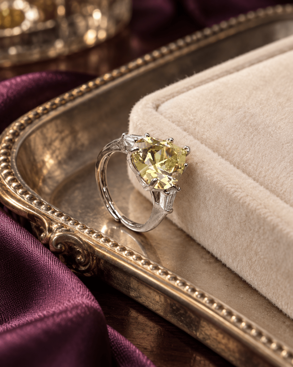 Lime Yellow Heart Solitaire Ring with Baguette Sides - Maxiblink