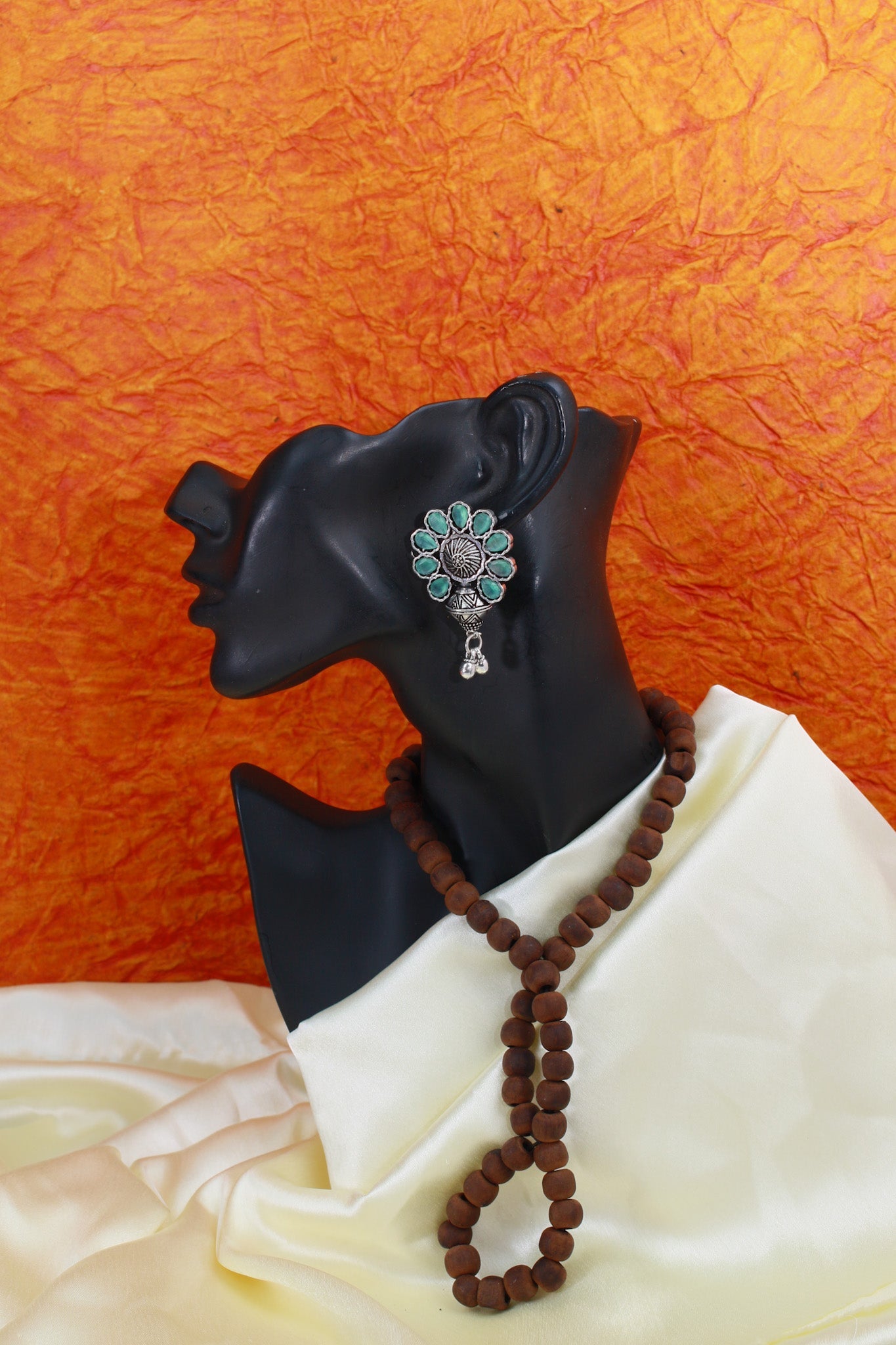 Mint Green Monalisa Floral Stud Danglers with Ghungroo Drops | Oxidised - Maxiblink