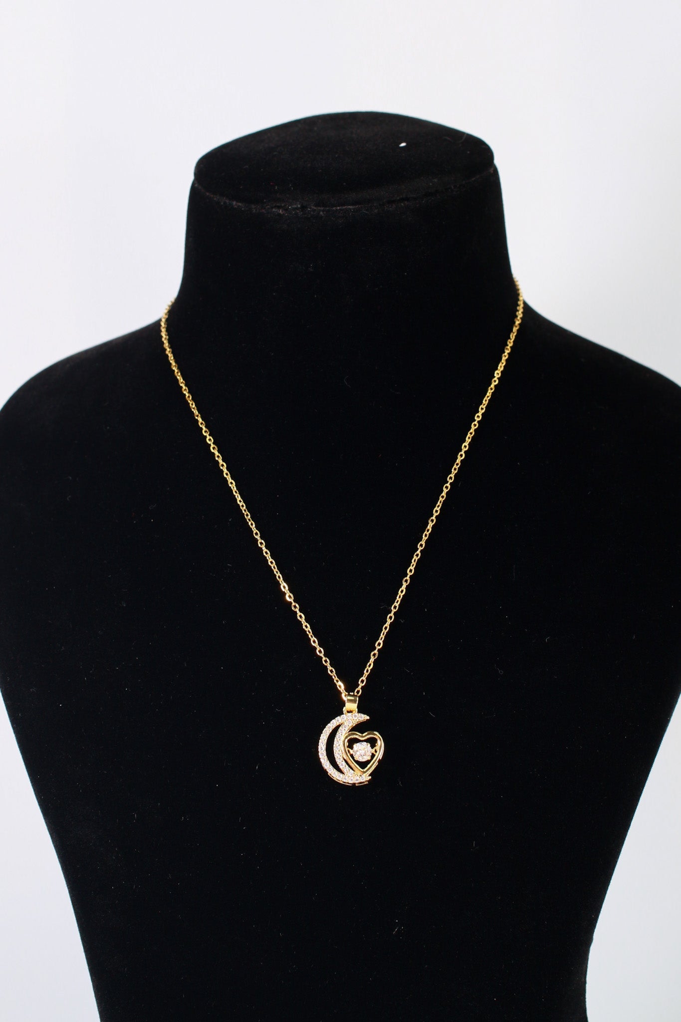 Moon & Heart Pendant Necklace – Gold Plated with CZ Stones - Maxiblink