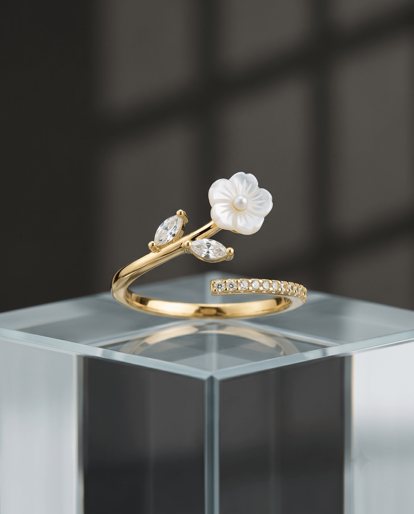 Mother-of-Pearl Flower & Leaf Sprig Ring, free-size open band — MaxiBlink gold-plated demi-fine jewellery