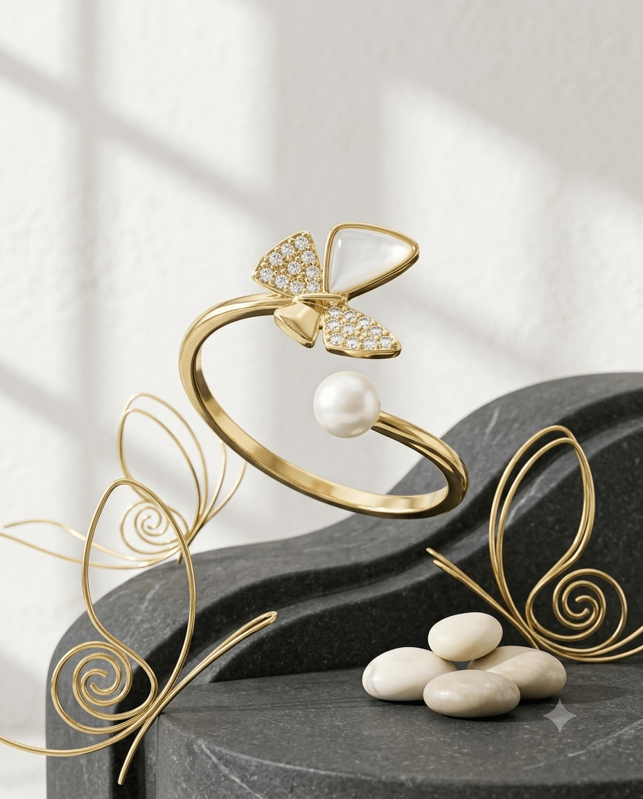 Mother-of-Pearl Petal & Pearl Ring, free-size open band — MaxiBlink gold-plated demi-fine jewellery